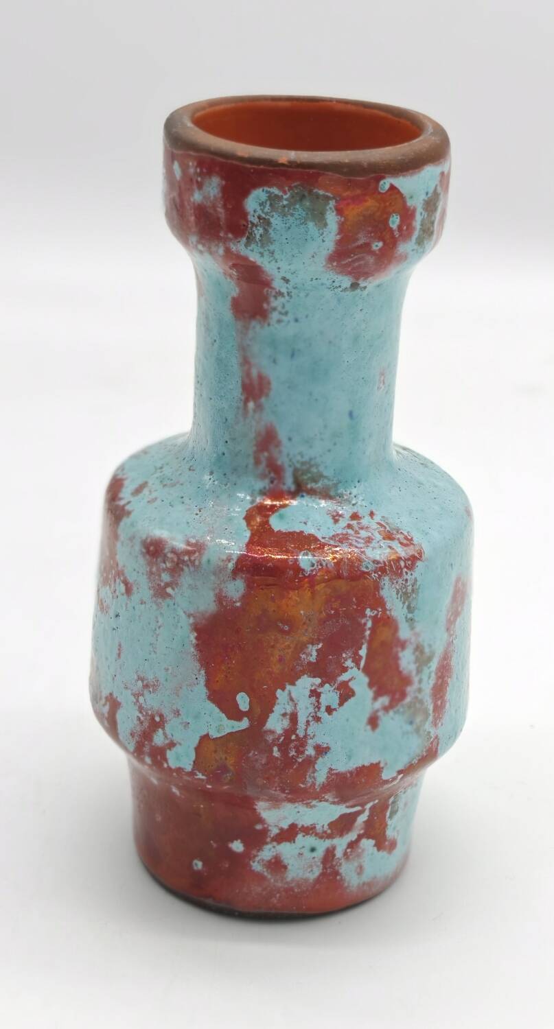 Small designer vase in oxblood red and turquoise blue