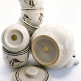 Teapot and its 6 cups with birds Seventies look made in Korea