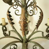 8-branch wrought iron chandelier with gray-green patina and antique gilding