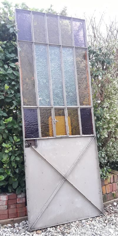 Workshop door 258.4x98.5cm in iron and colored cathedral glass