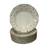 Set de 8 anciennes assiettes creuses porcelaine Limoges décor fleurs roses liseret doré