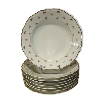 Set of 8 old plates hollow porcelain Limoges decoration pink flowers golden liseret