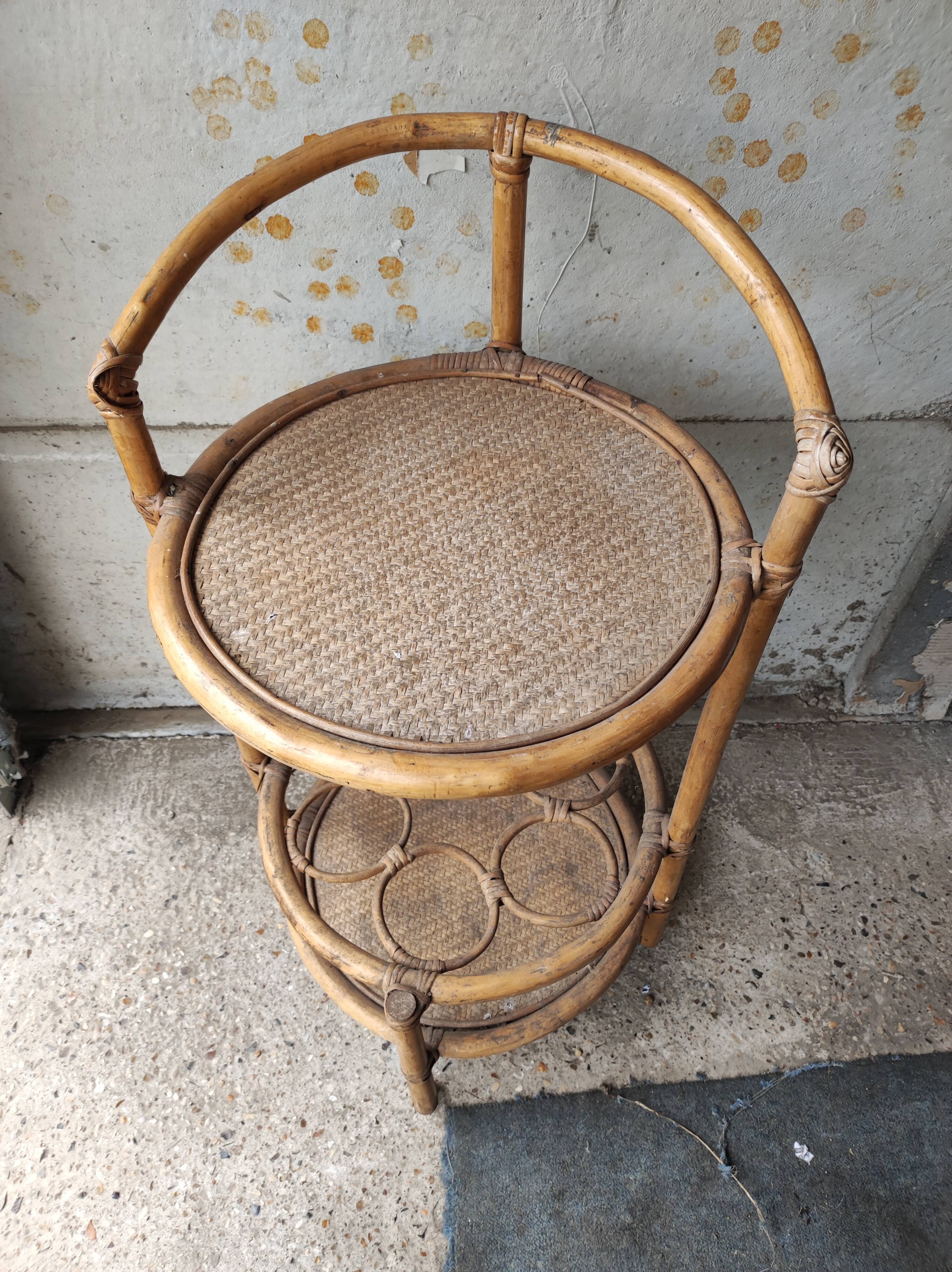 table Trolley service bar bottle rack vintage rattan bamboo