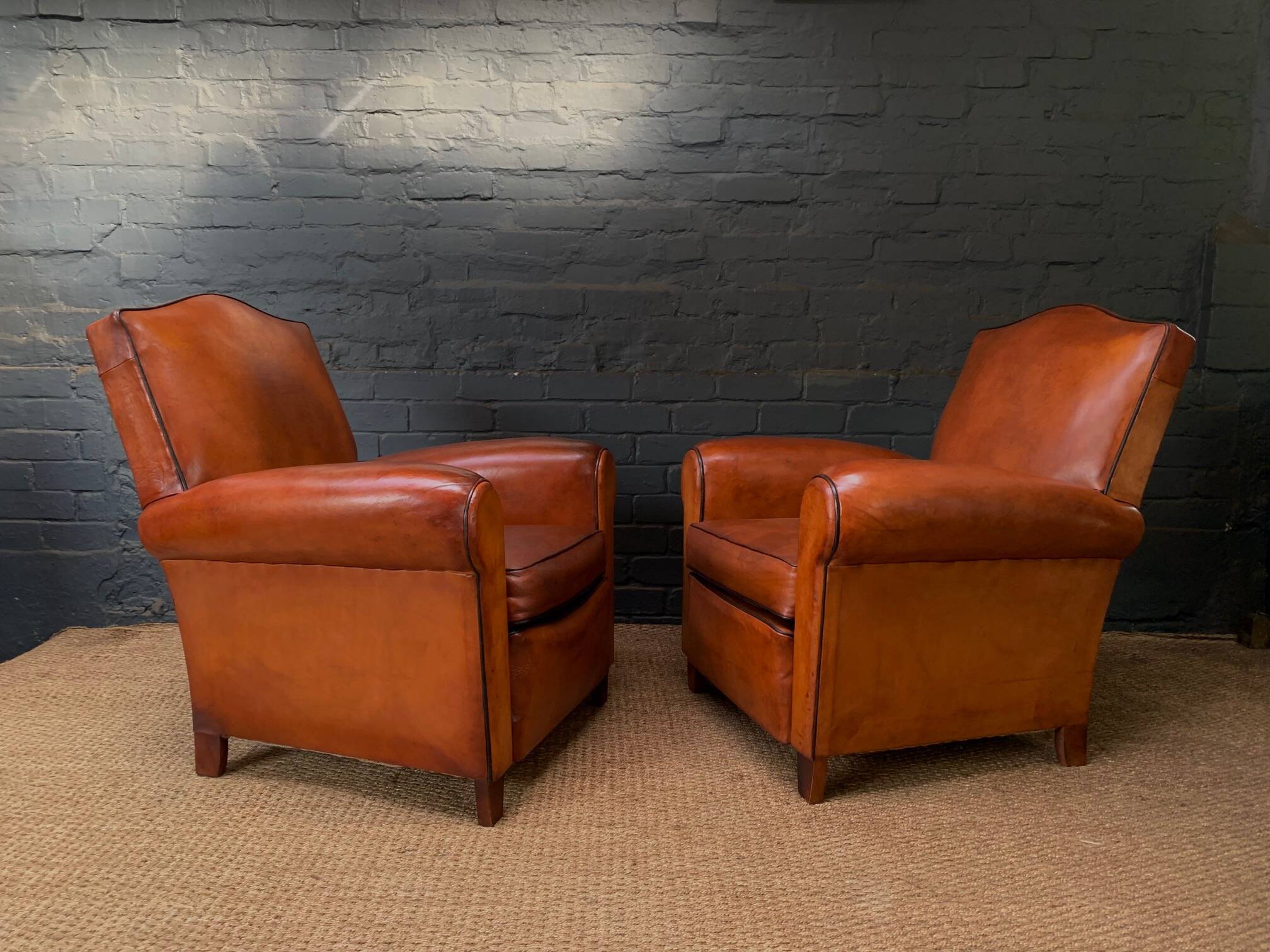 French leather club chair, chapeau de gendarme model circa 1930's in caramel