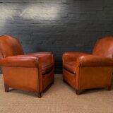 French leather club chair, chapeau de gendarme model circa 1930's in caramel