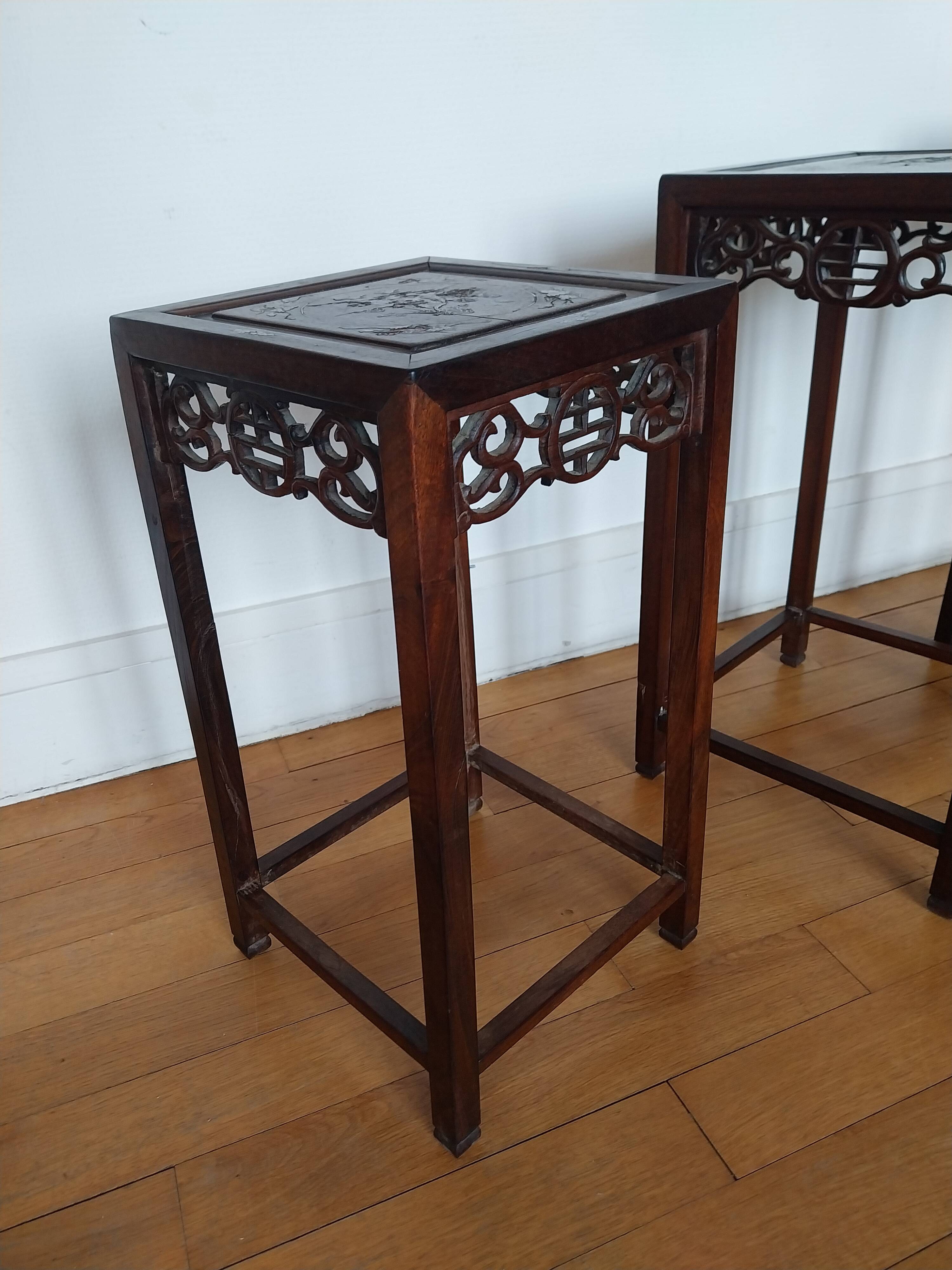 3 Chinese nesting tables in wood and brass.