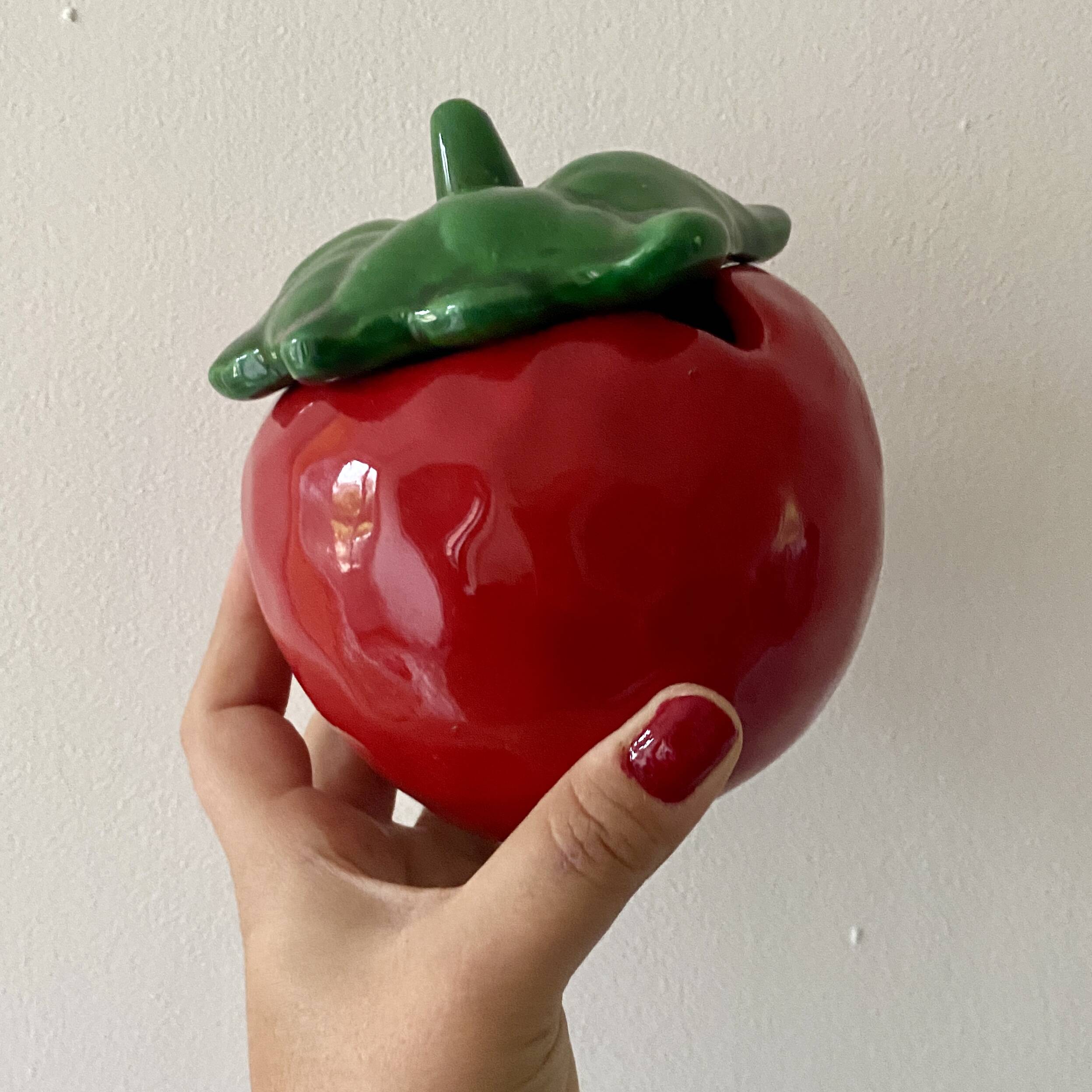 Mustard pot or jam maker in tomato-shaped slip