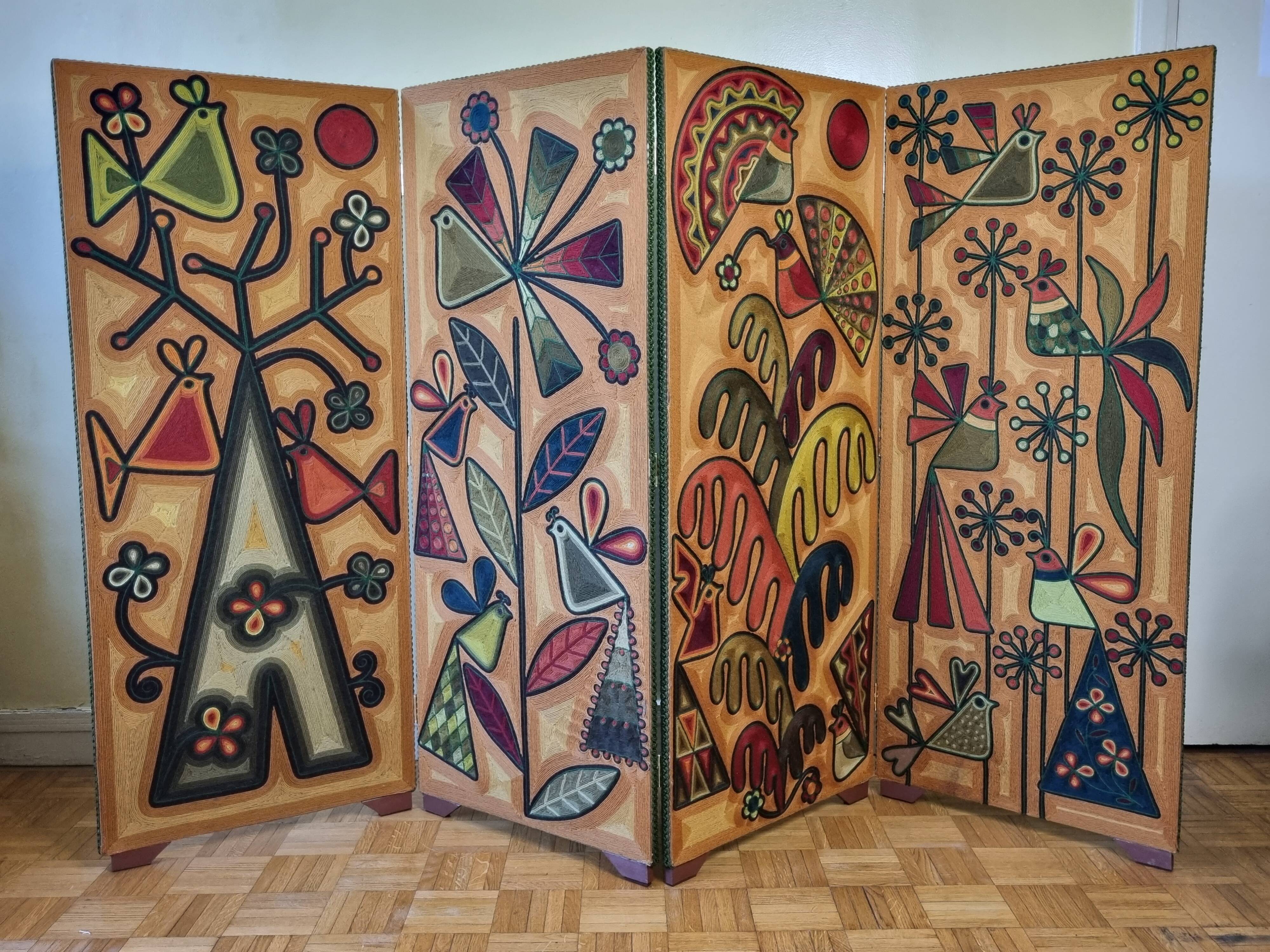 Screen decorated with wool threads, “Huichol” art, Sofia Ribeira, 124 cm