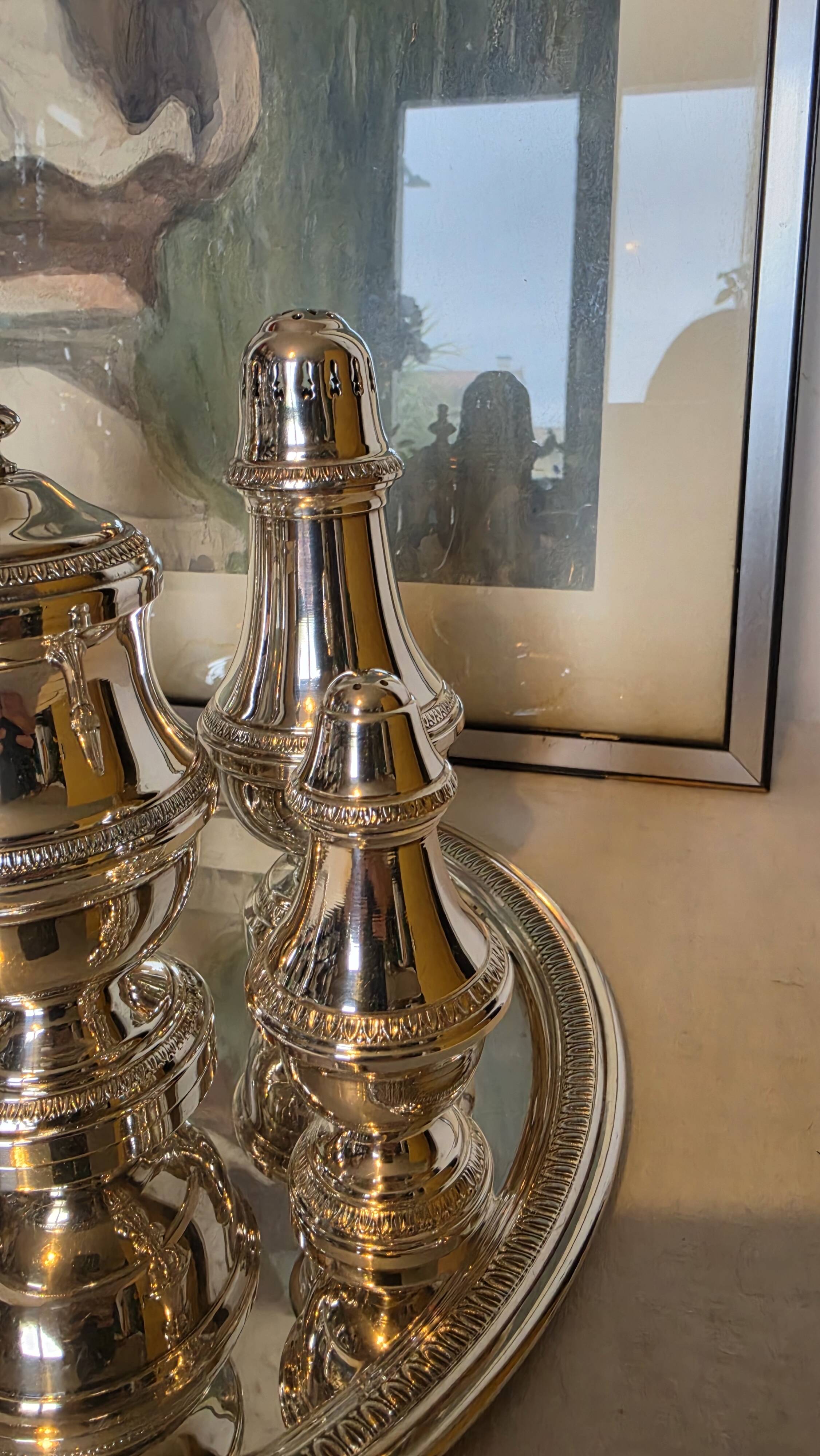 Exclusive 6-piece silver-plated spice service, classic Georgian style.