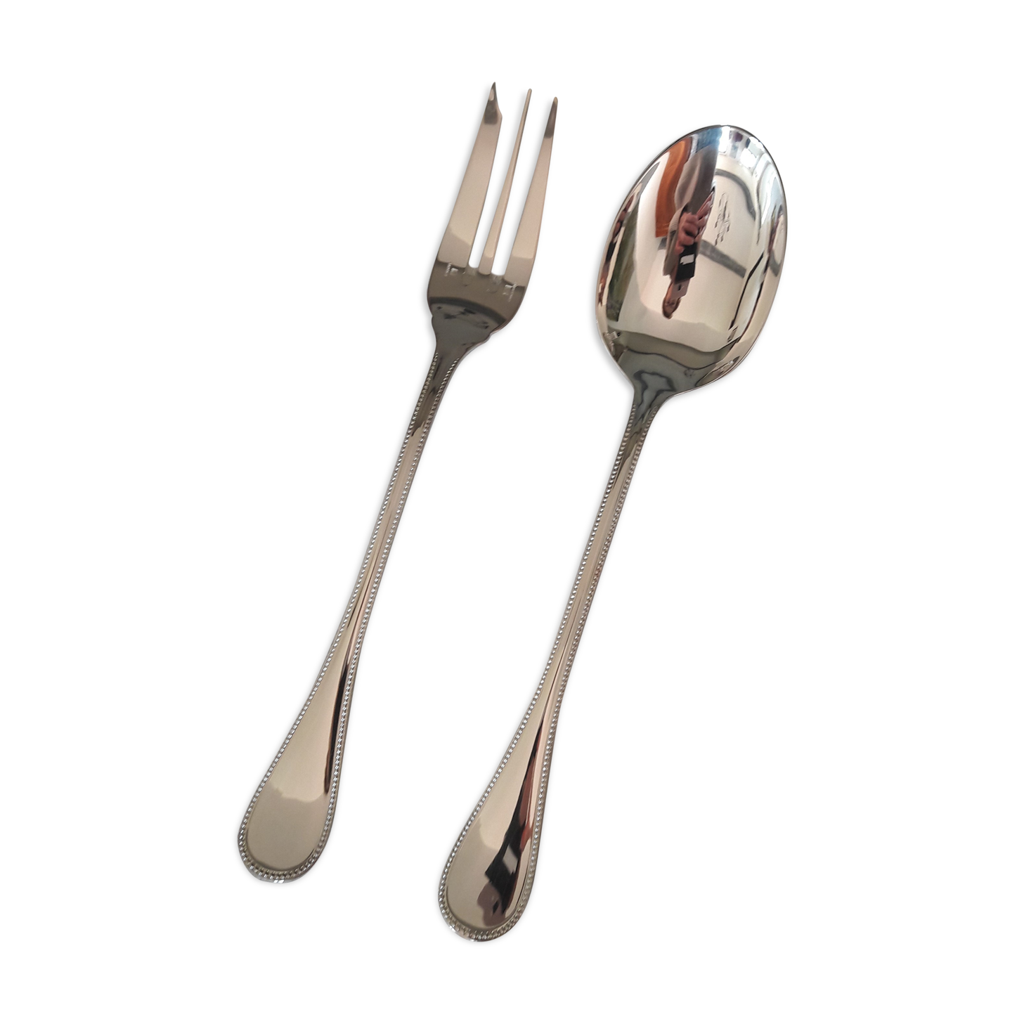 Spoon and fork to serve Christofle model beads silver metal