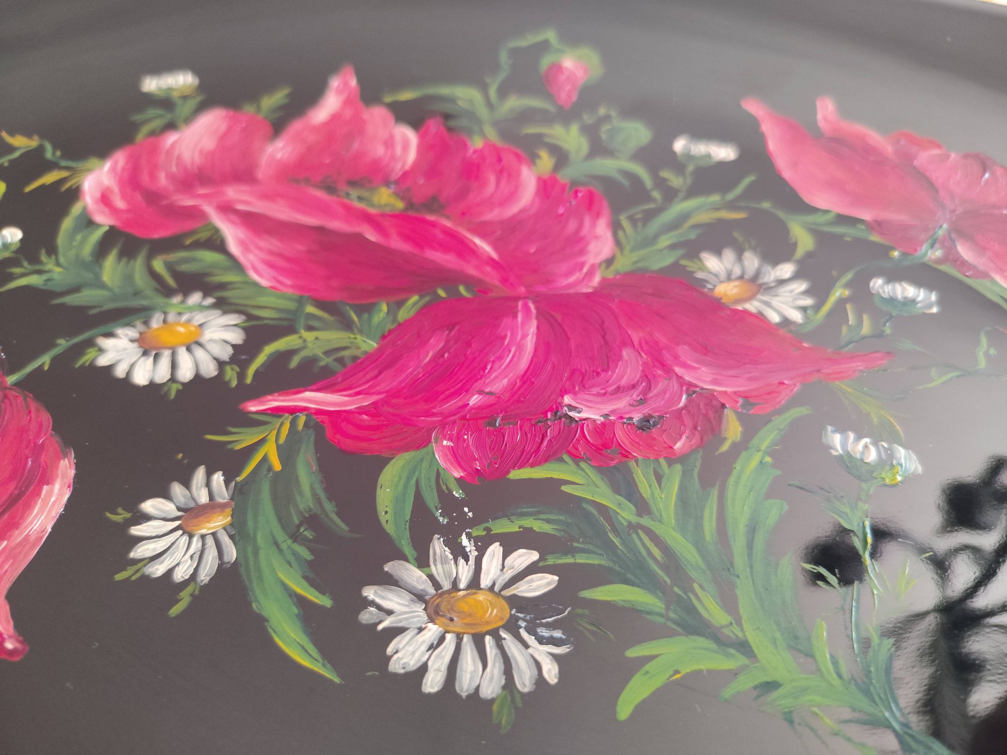 Authentic Longwy dish Black enamels decorated with poppies Louis Valenti 1960
