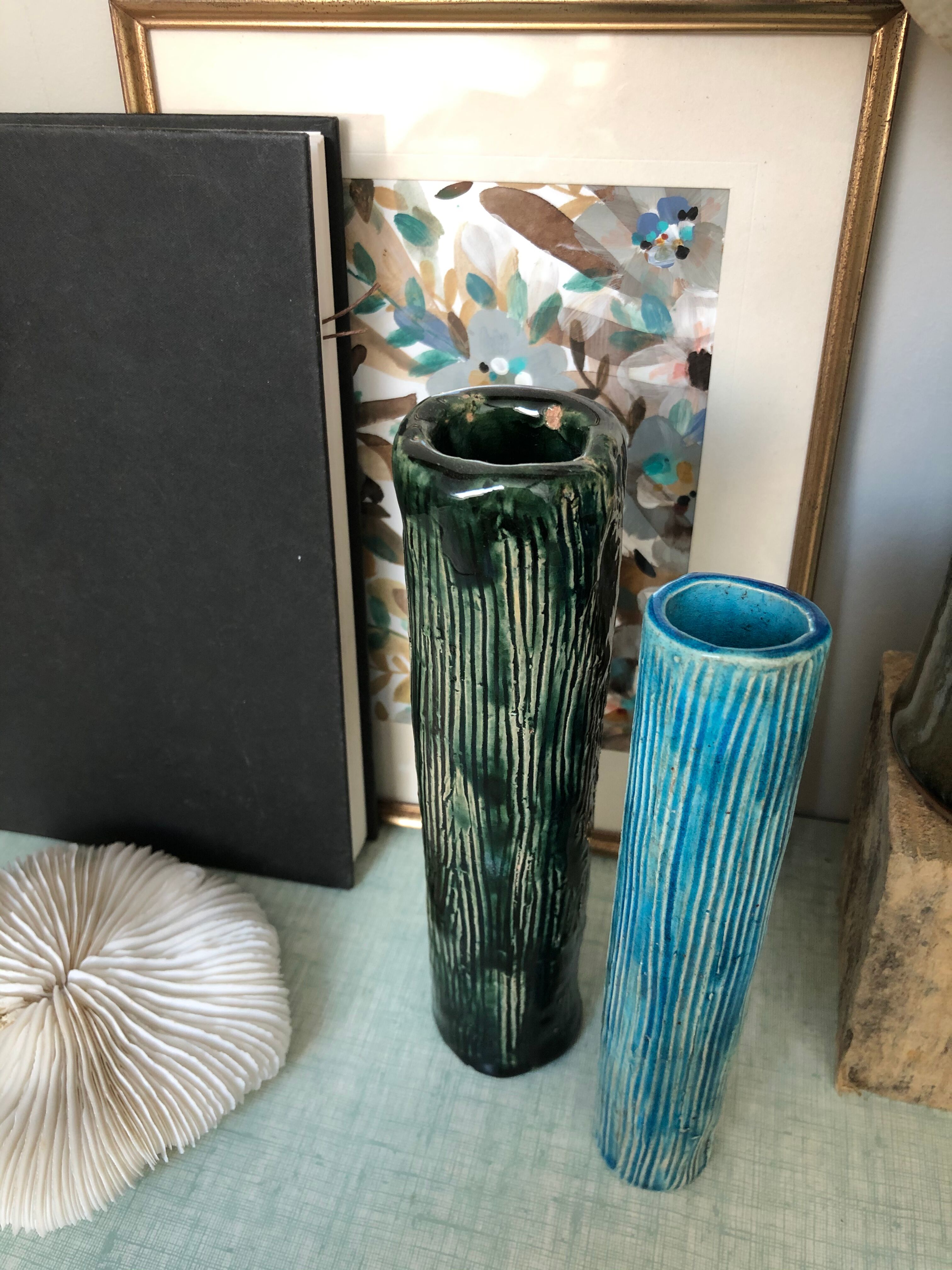 Two enamelled tubular vases