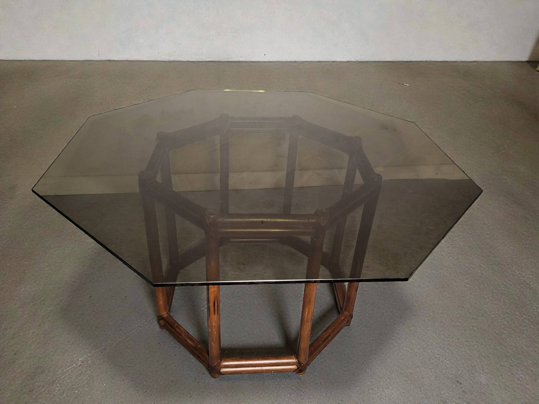 Bamboo-style wooden table with smoked glass top, 1970s