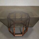 Bamboo-style wooden table with smoked glass top, 1970s