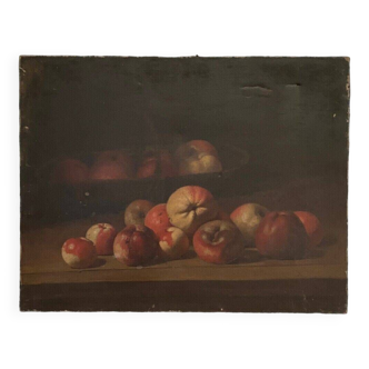Huile sur toile nature morte aux pommes début XXe