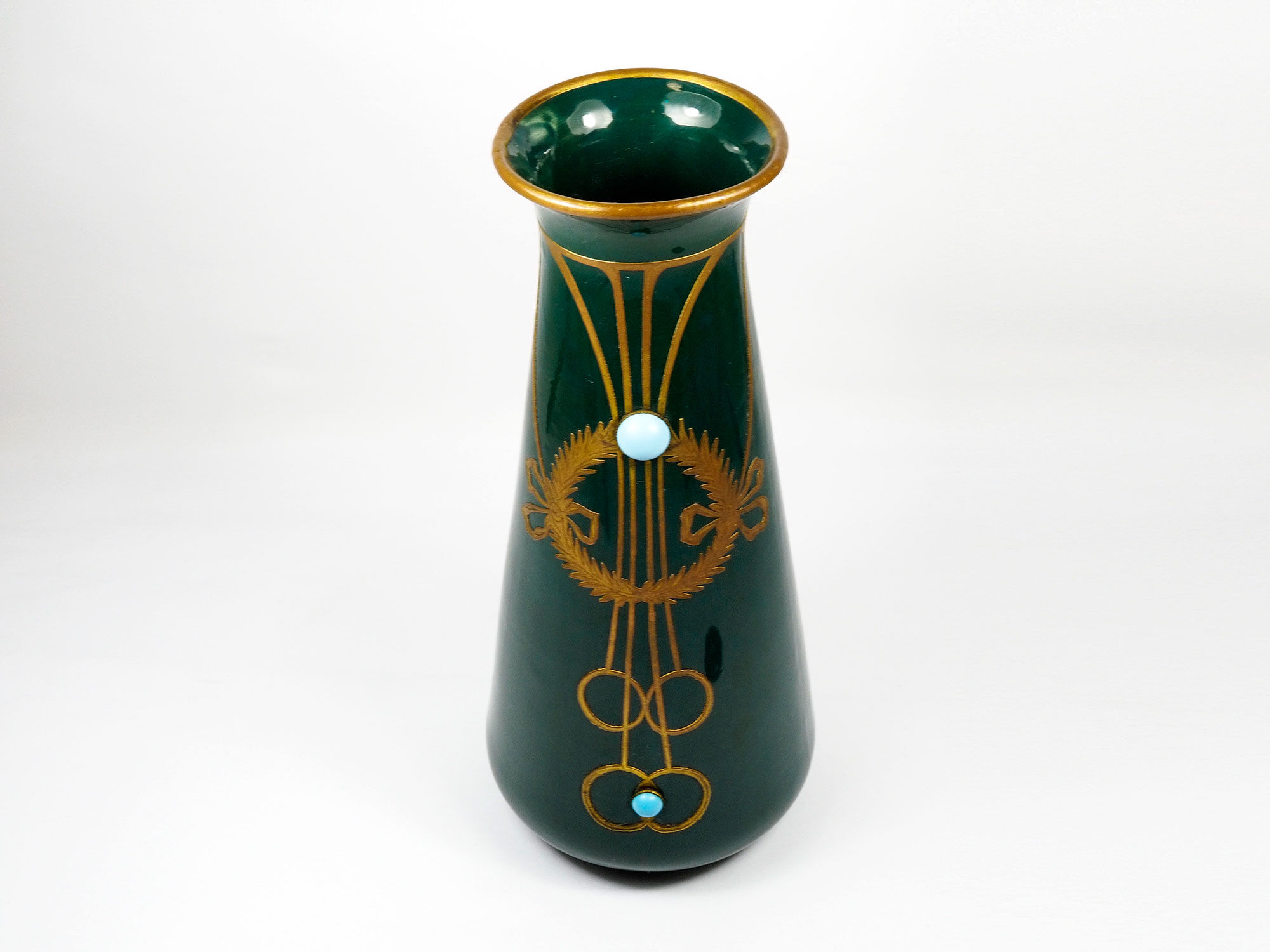 Antique secession vase in ceramic green glaze with copper & turquoise-1900s