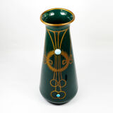 Antique secession vase in ceramic green glaze with copper & turquoise-1900s