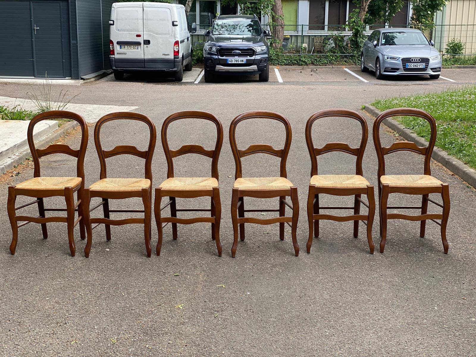 6 Louis Philippe chairs in solid wood and straw