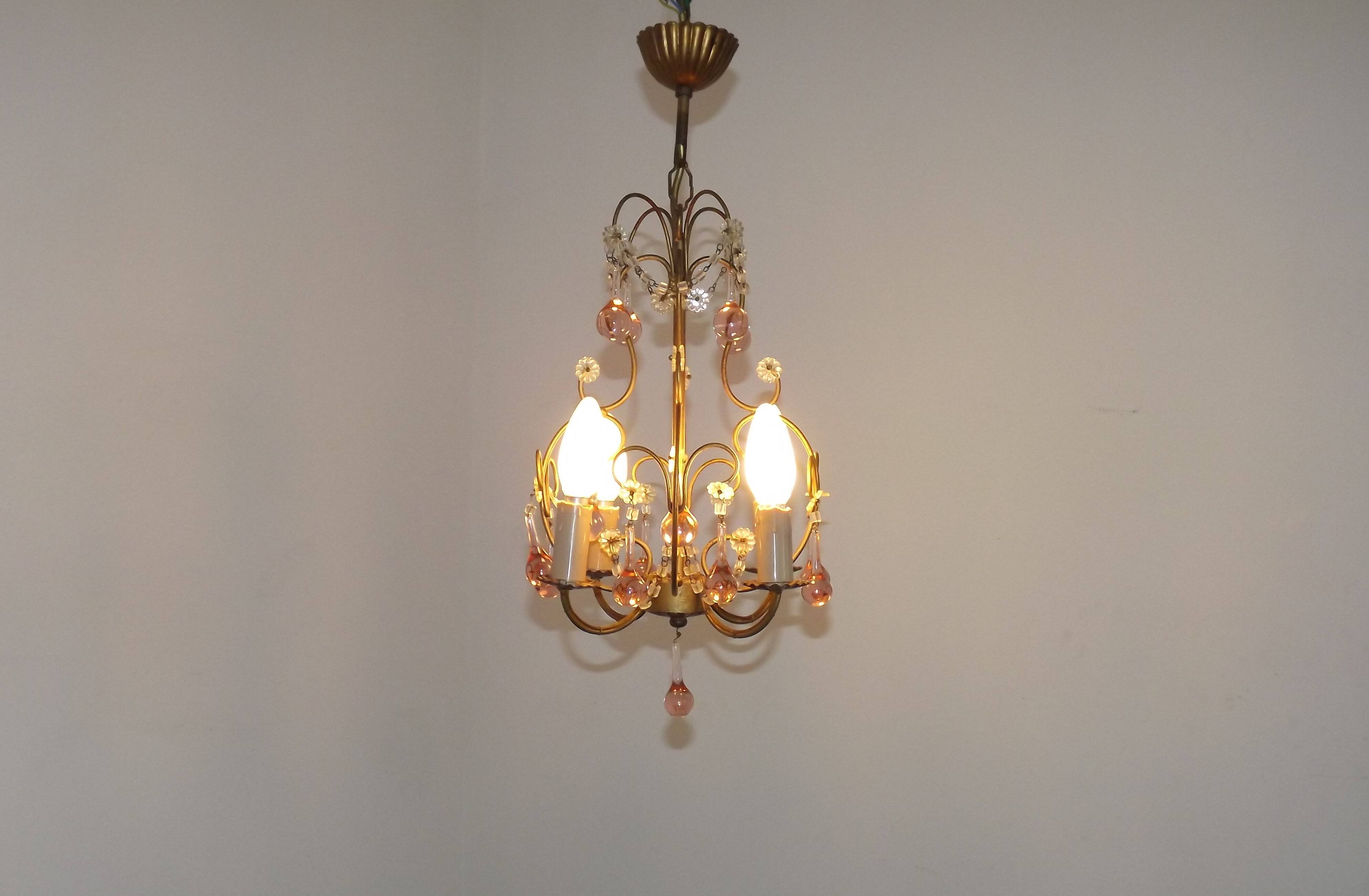 French Vintage 4 Light Metal Cage Chandelier with Bead Swag and Pink Murano Drops