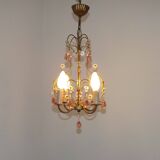French Vintage 4 Light Metal Cage Chandelier with Bead Swag and Pink Murano Drops