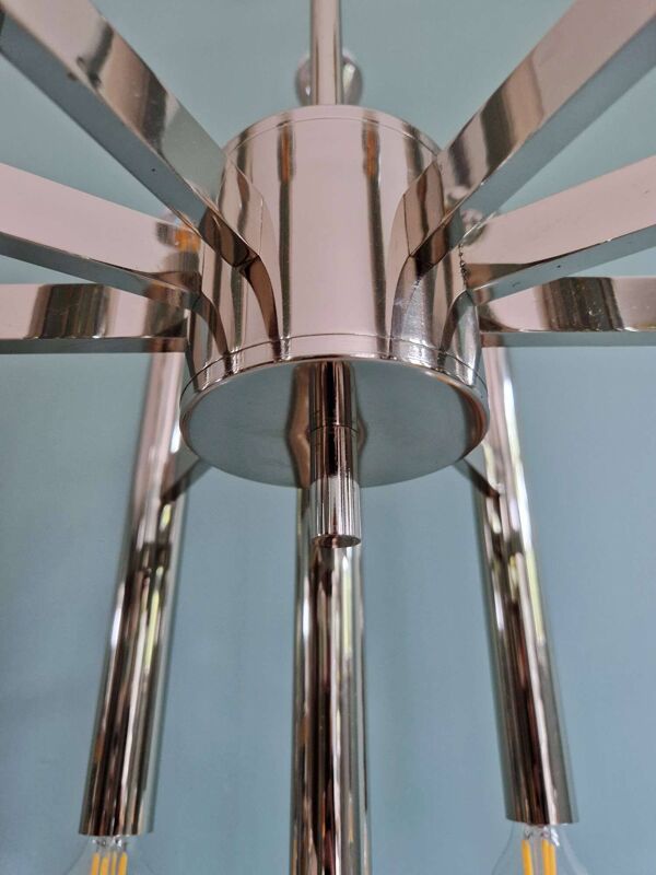 Grand lustre Space Age en métal chromé, design G. Sciolari, Boulanger, 1970