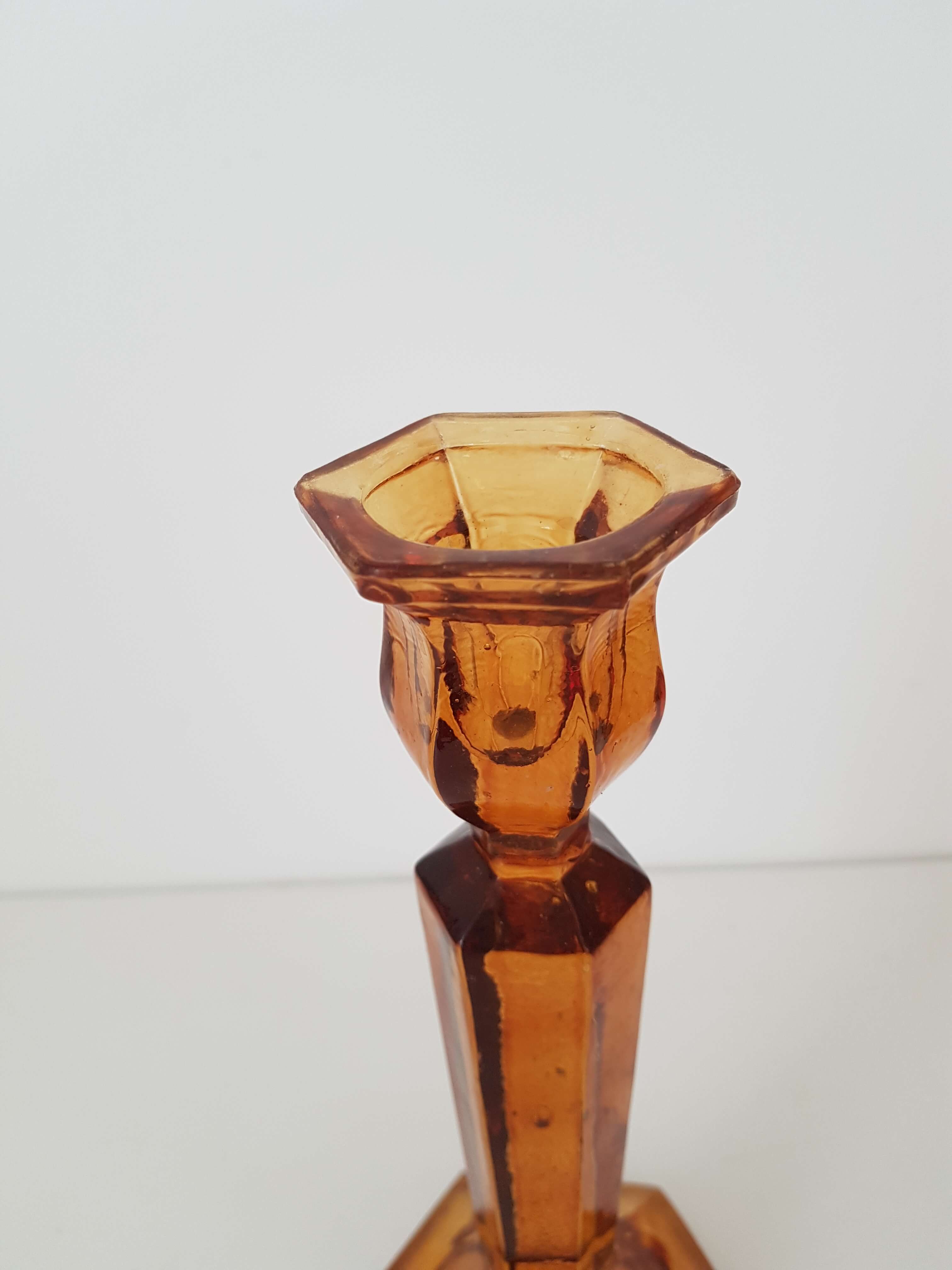 Candle holder yellow amber art deco glass