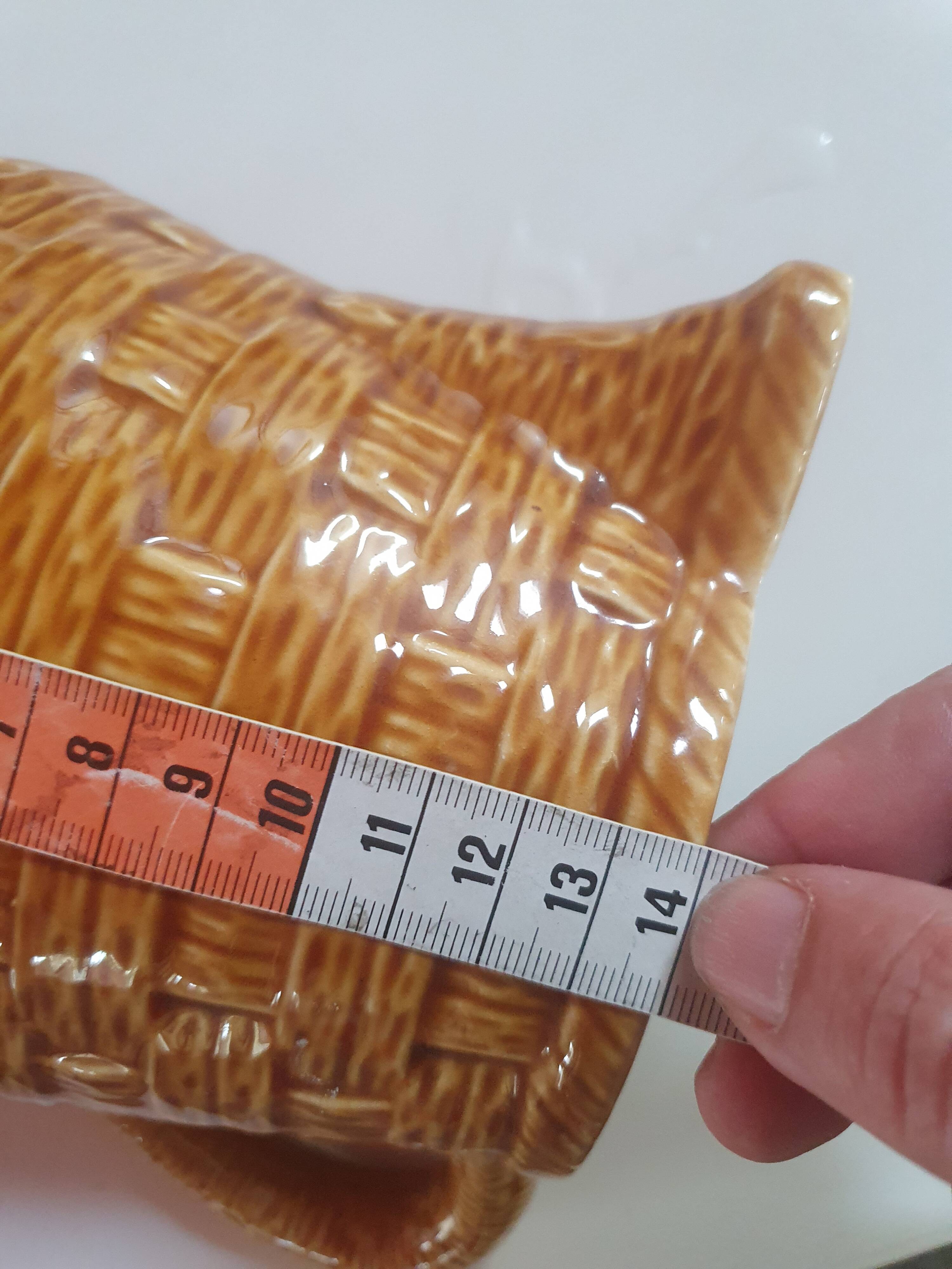 Vintage digoin sarreguemines pitcher in slip in yellow numbered woven basket pattern