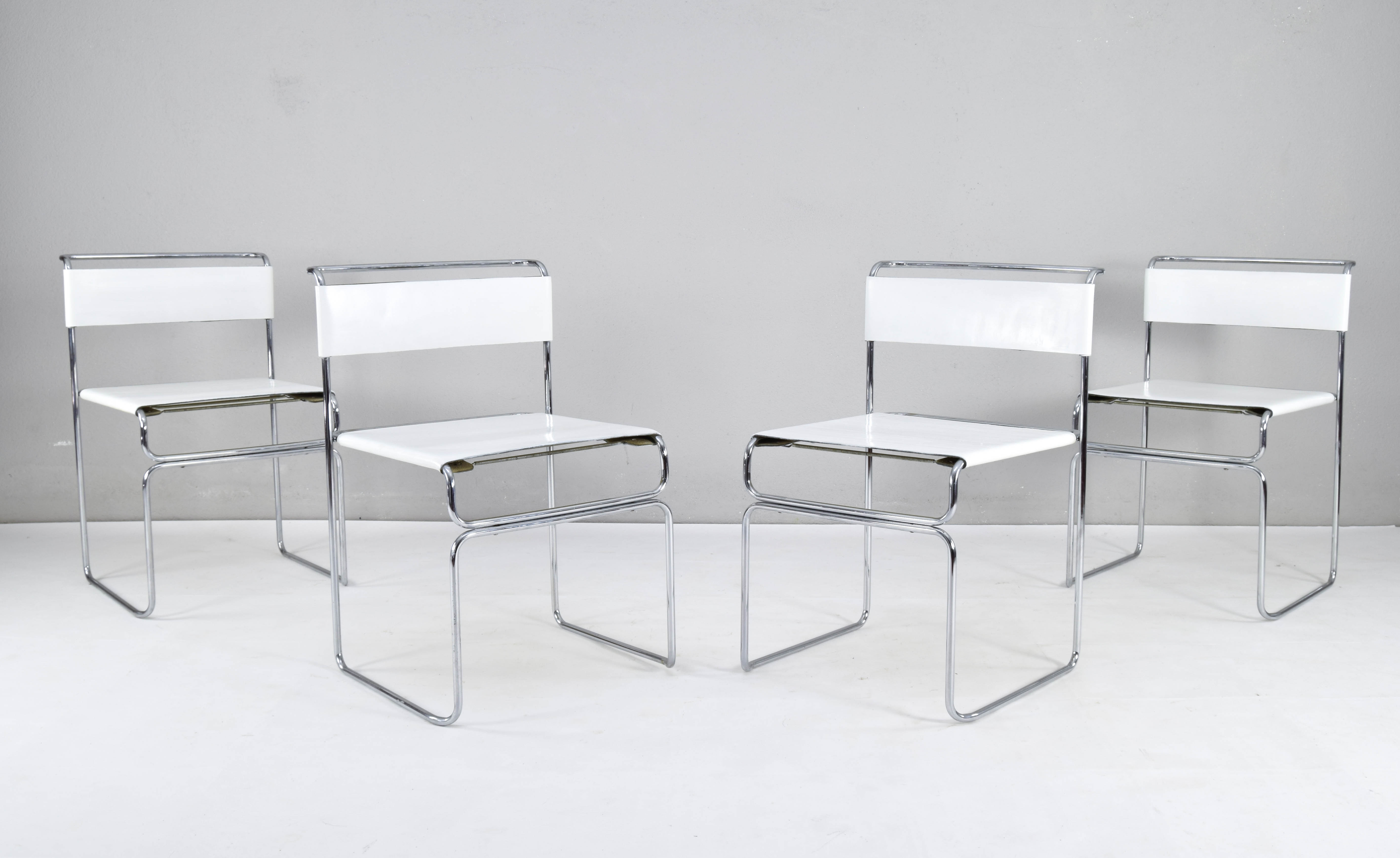 Set of Four Modern Italian White Leather Libellula Chairs by Giovanni Carini 70s
