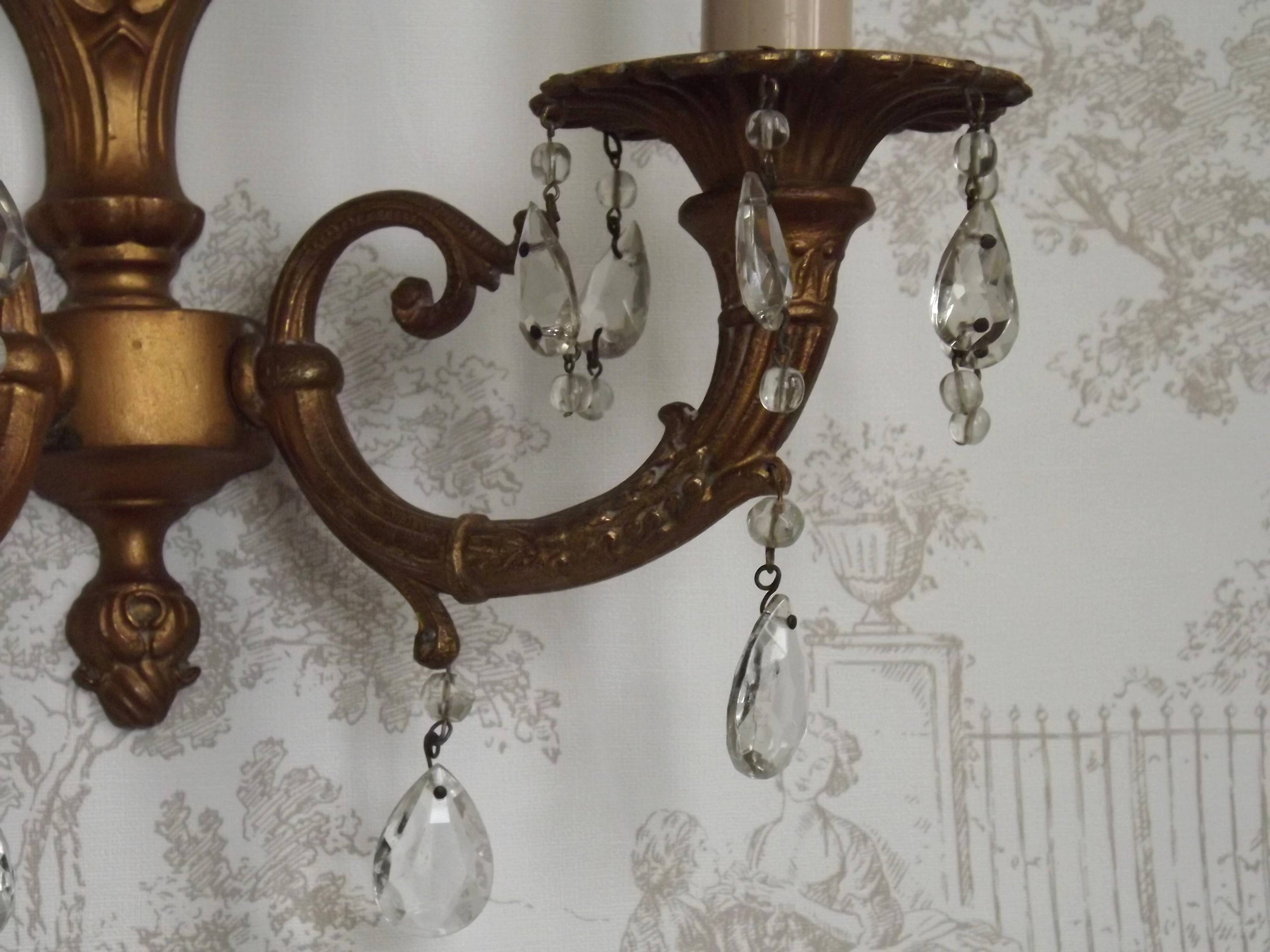 Pair French Vintage Bronze Double Wall Lights Assorted Crystal Drops 5352