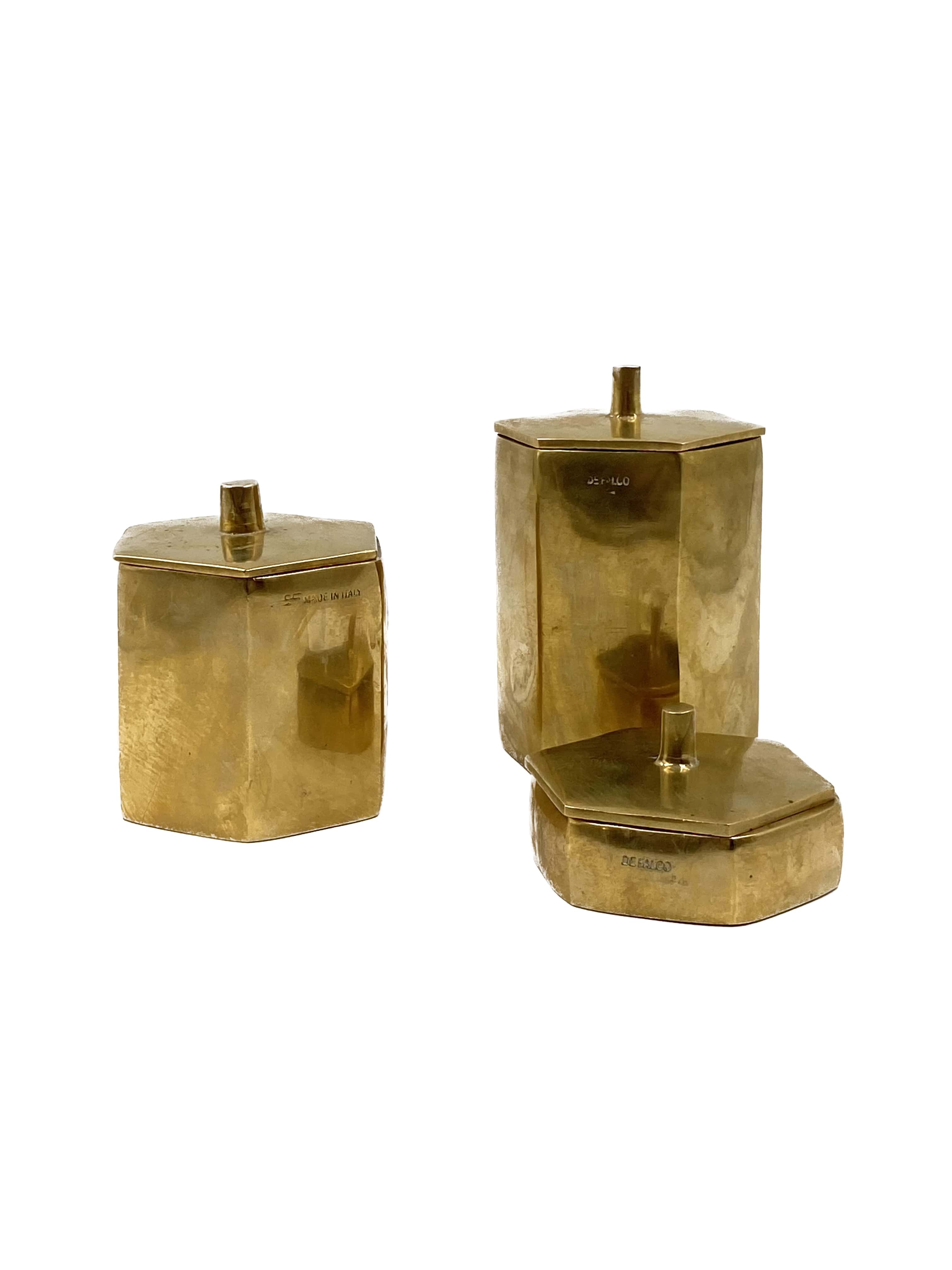 Set of 3 solid Brass boxes , De Falco Italy 1970s