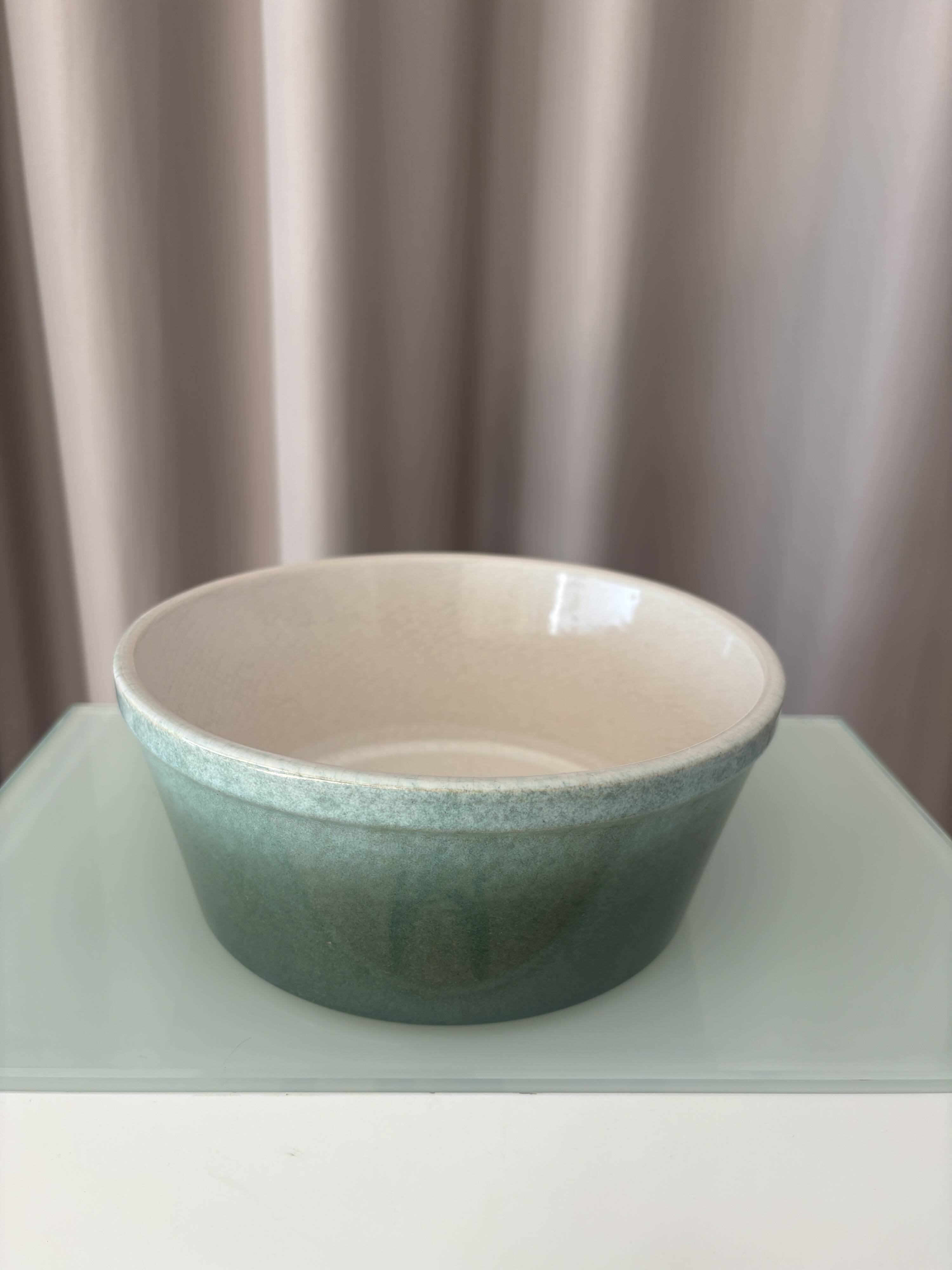 Vintage Scandinavian Stoneware Serving Bowl – Moss Green & Ivory – Mid Cent