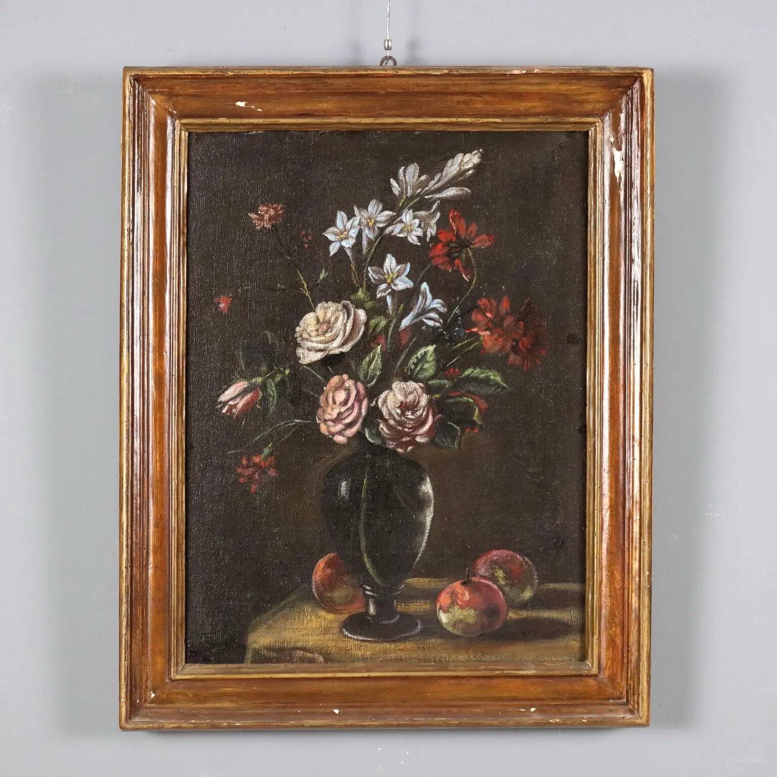 Peinture ancienne « Vase avec fruits et fleurs » huile sur toile XIX siècle