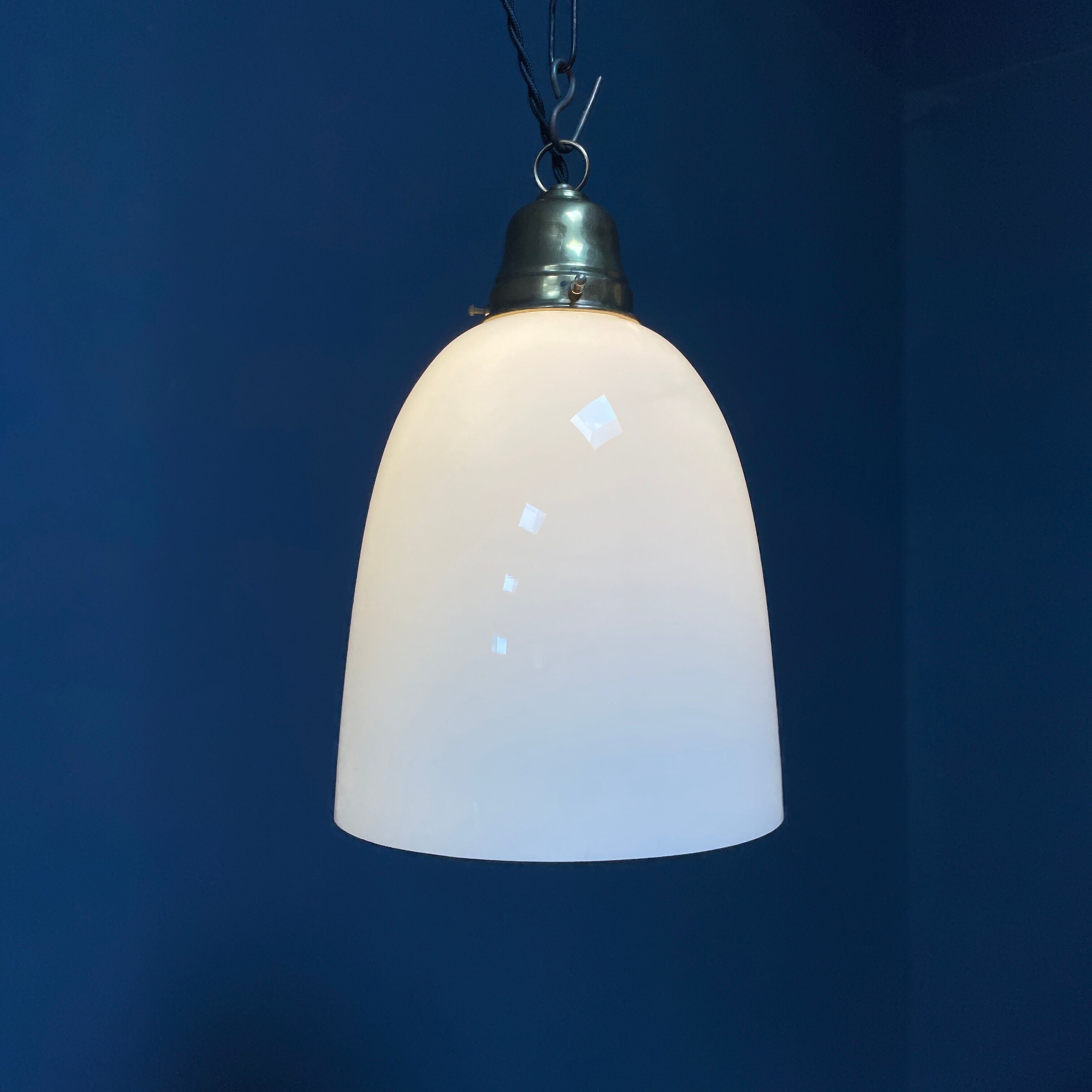 High opaline glass pendant lamp with brass fixture