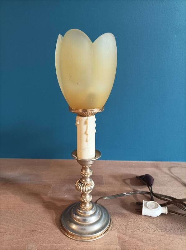 Bedside lamp candle holder gold metal base tulip frosted glass