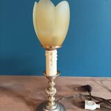 Bedside lamp candle holder gold metal base tulip frosted glass
