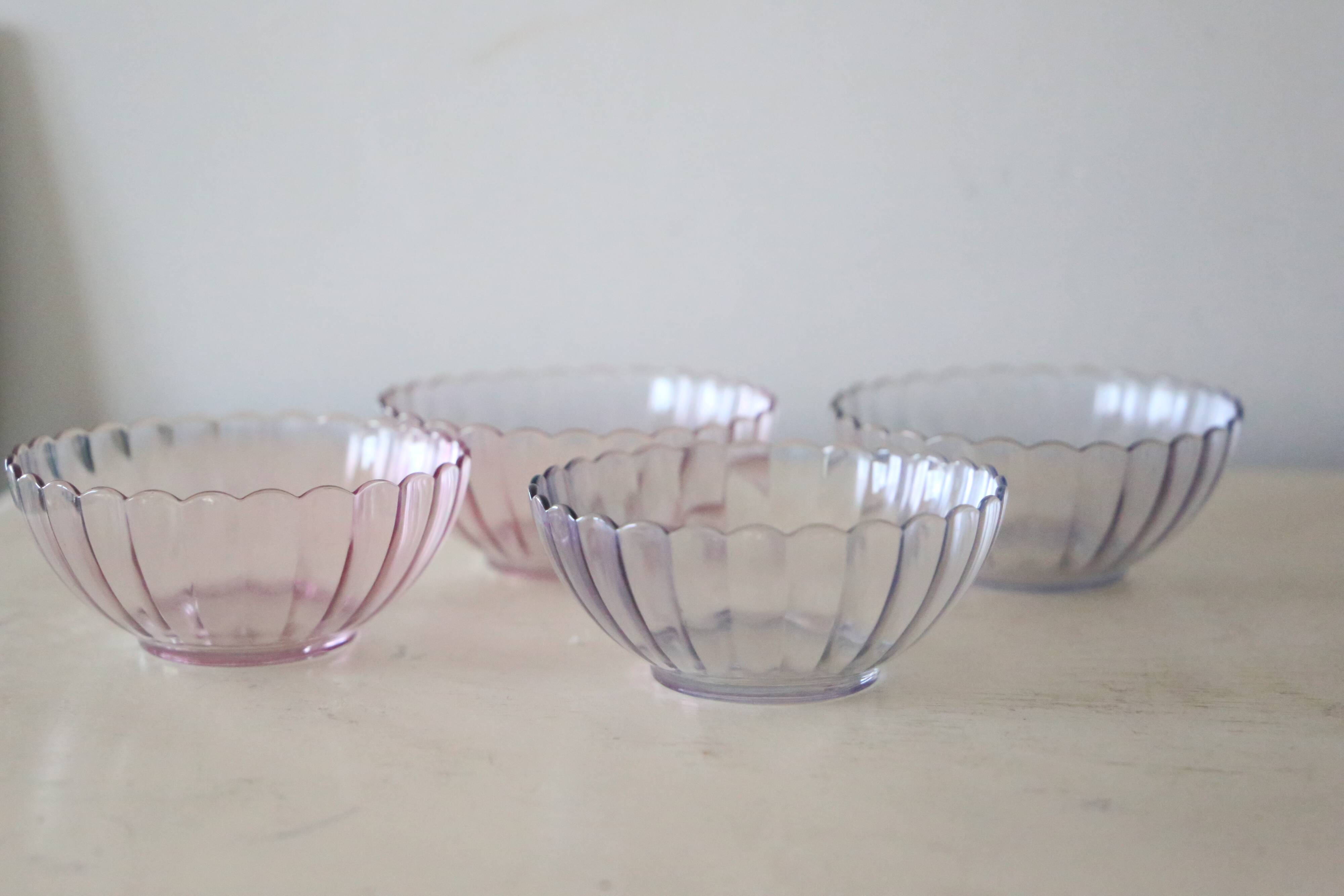 Set of 8 small bowls in pink, green and blue glass Rosaline, Arcoroc, vintage French, vintage