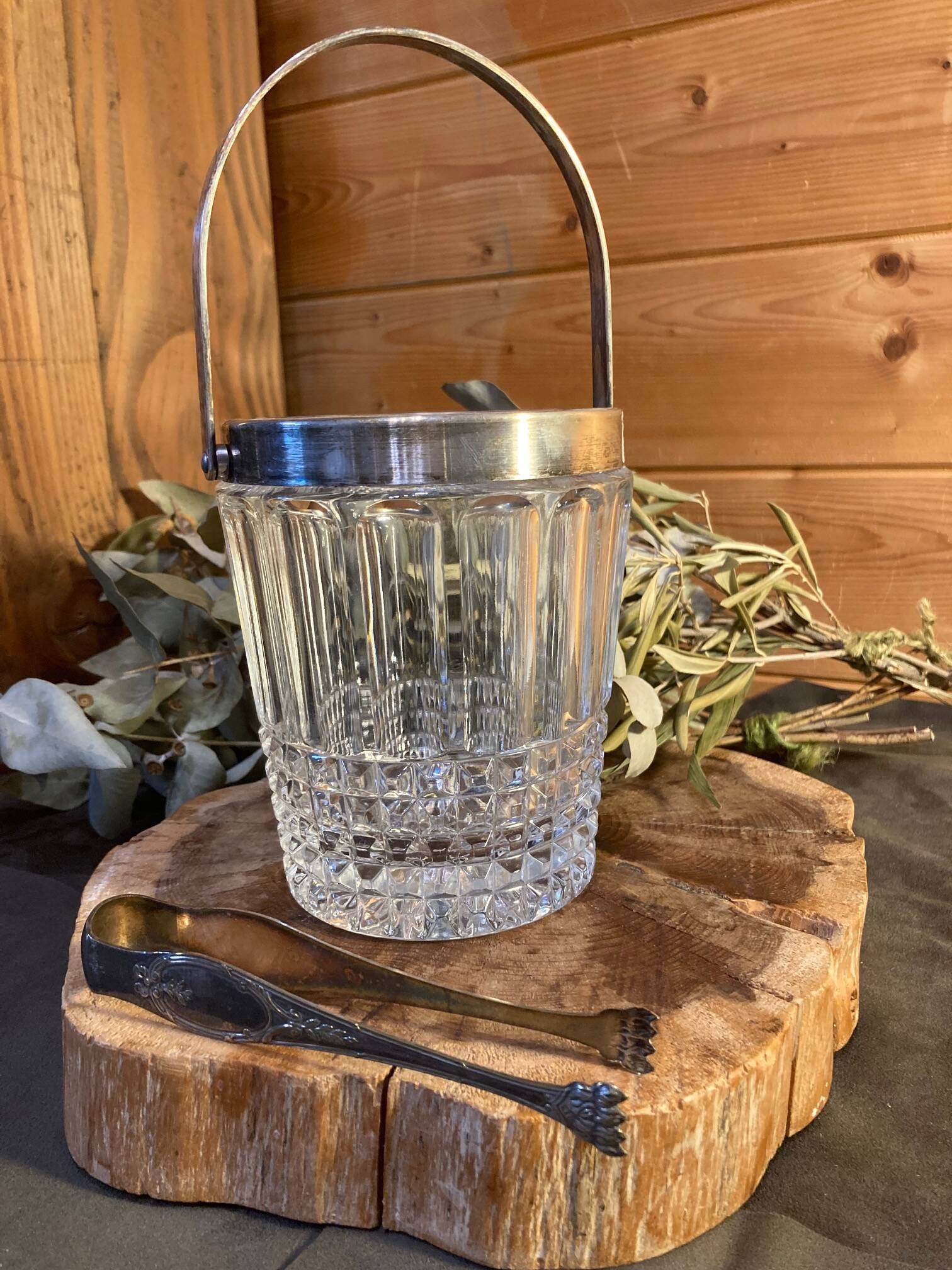 Crystal and silver-plated metal ice bucket + wine tableware tongs