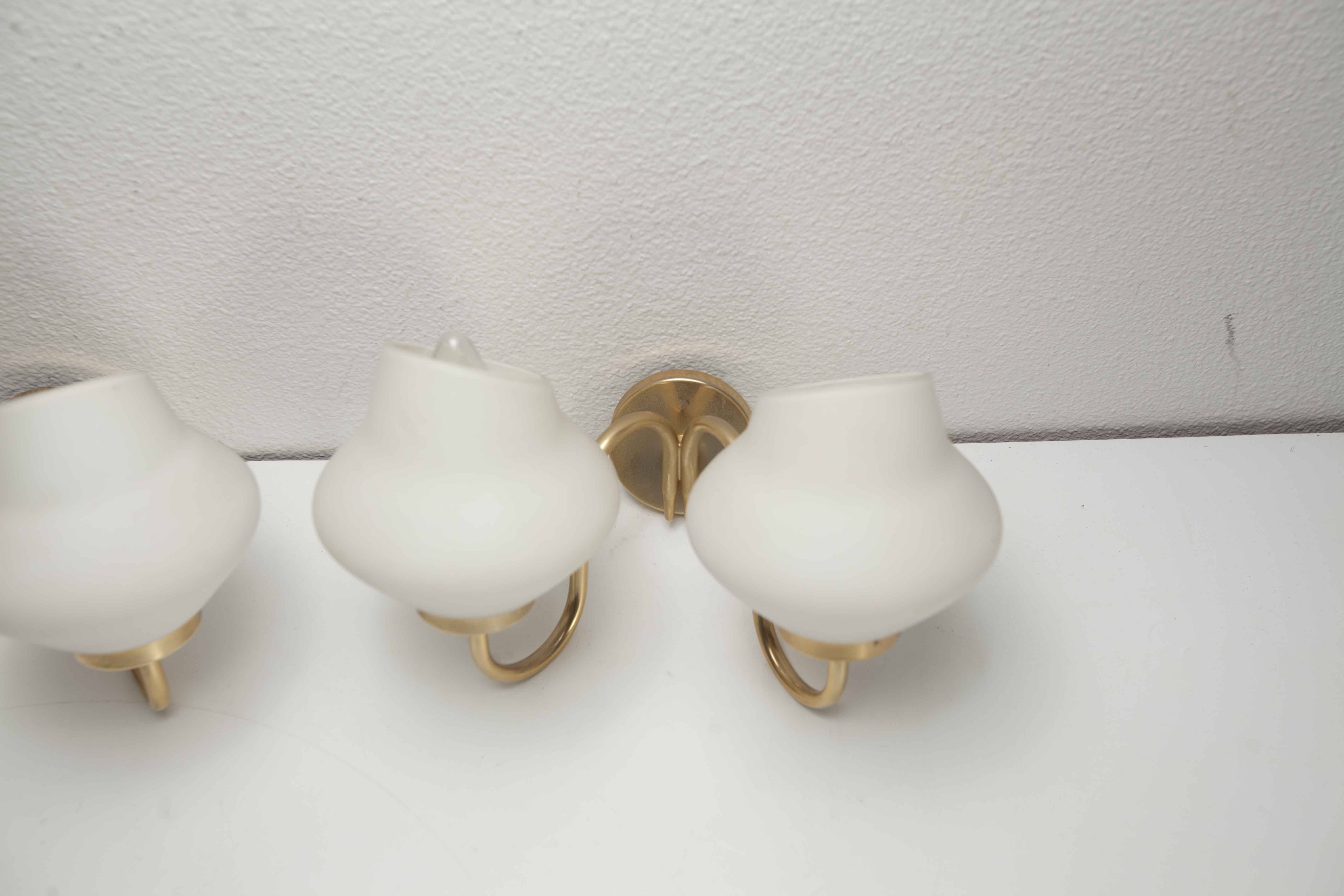 Pair of 60s brass and opaline sconces