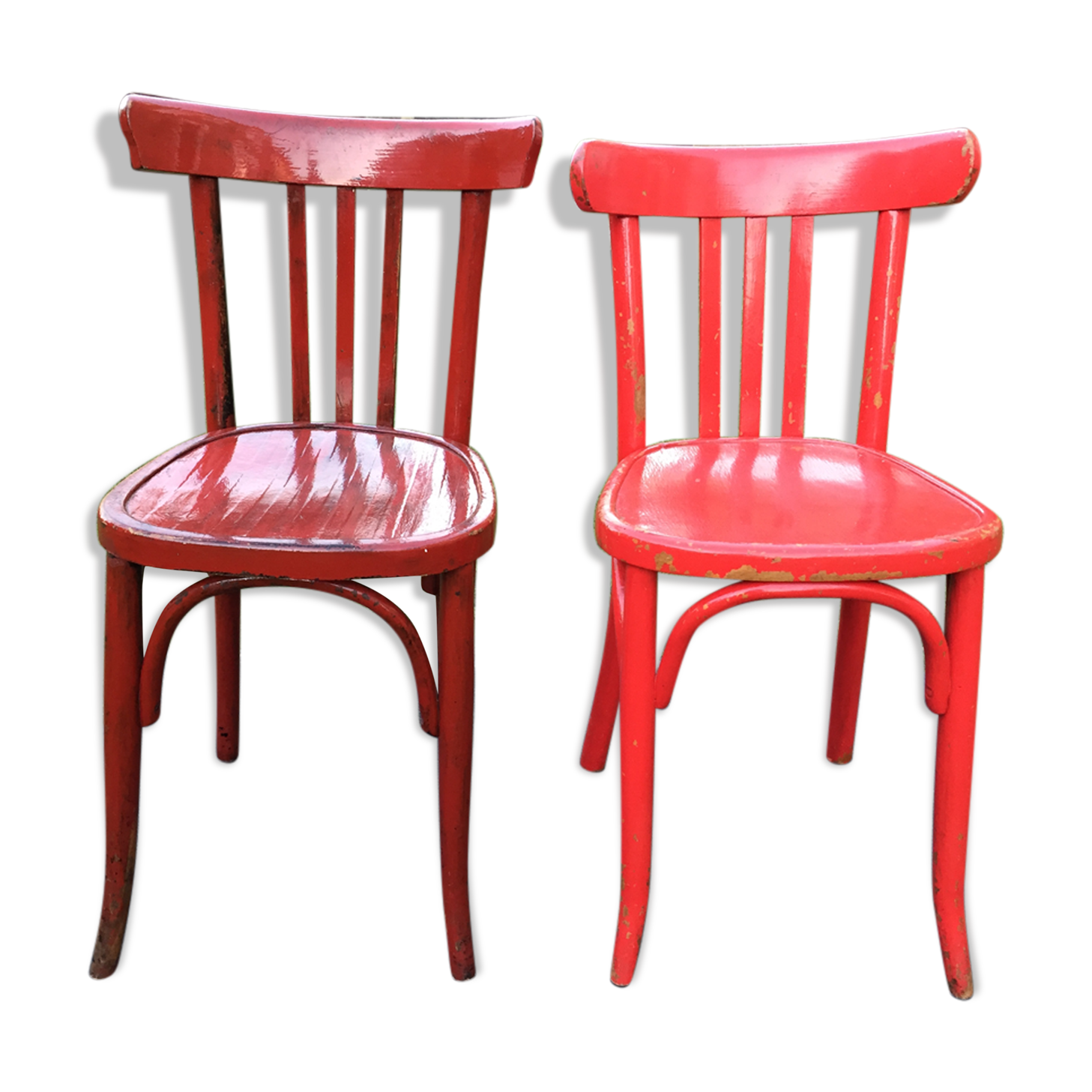 Vintage bistro chairs painted in burgundy and red