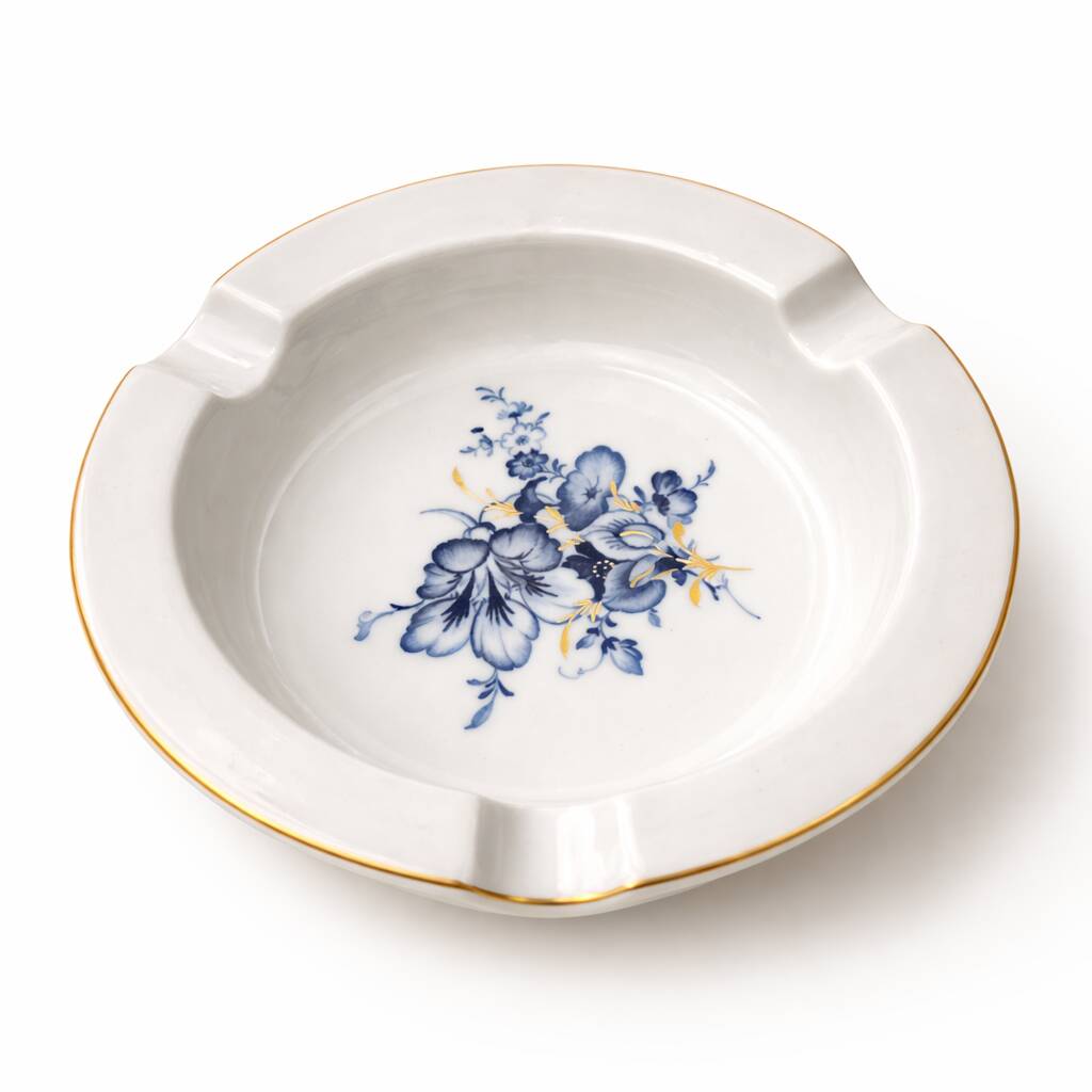 Circular Porcelain Ashtray from Meissen - Blue and Gold Floral Pattern