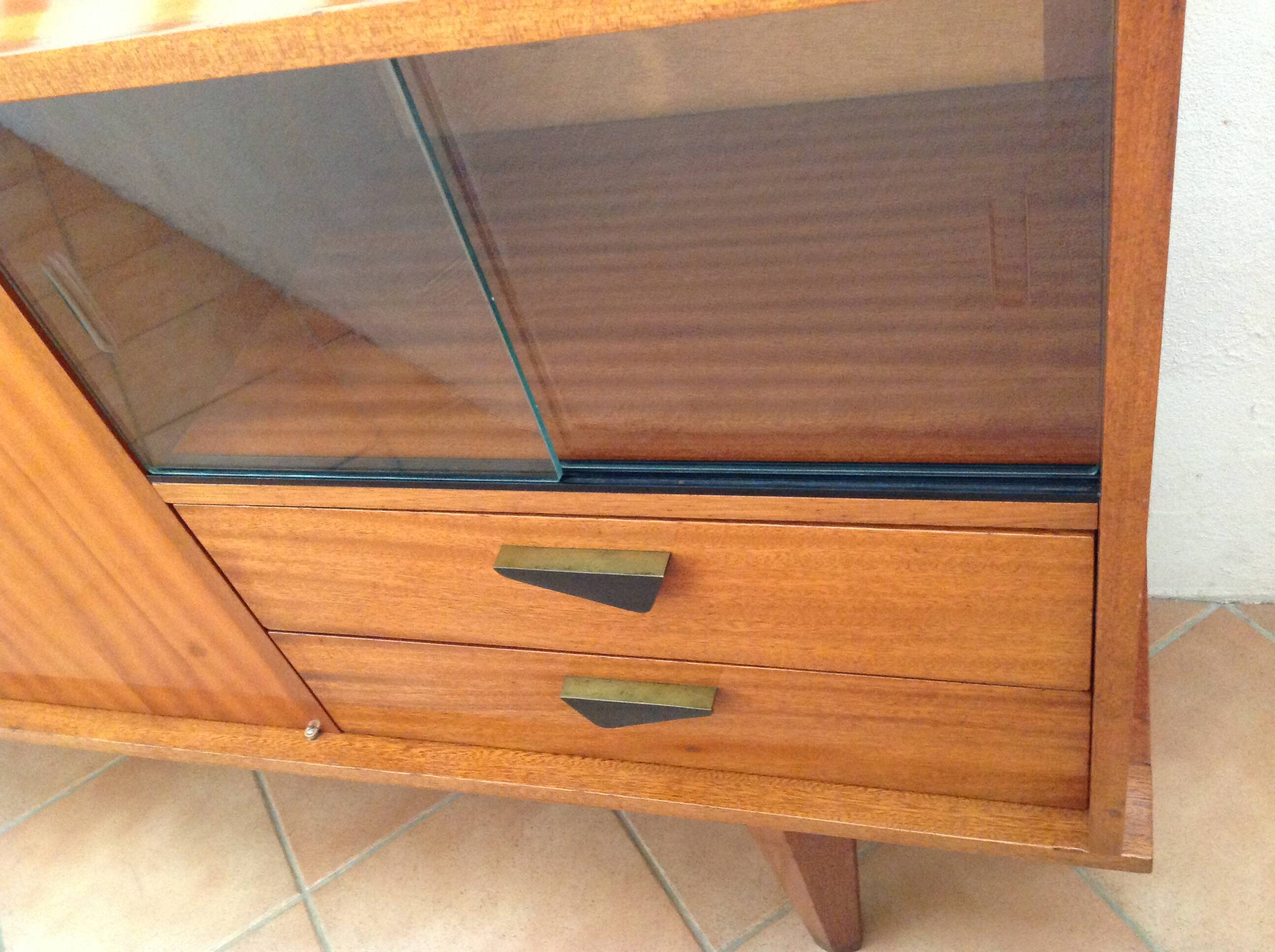 Varnished wooden sideboard with glass storage / vintage 60s-70s