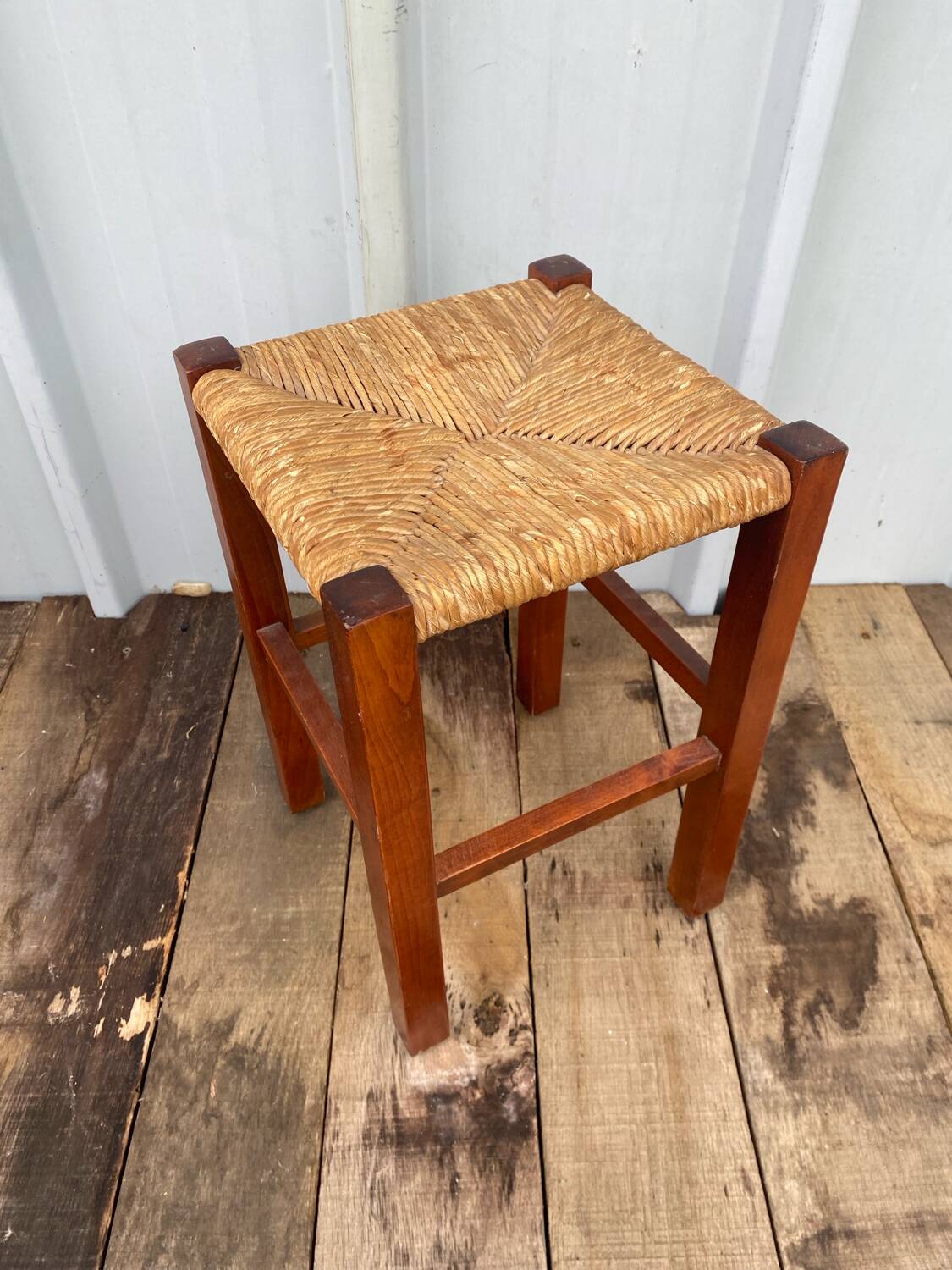 Série 3 Tabourets Anciens en Bois + Assise Paille Tressée Vintage