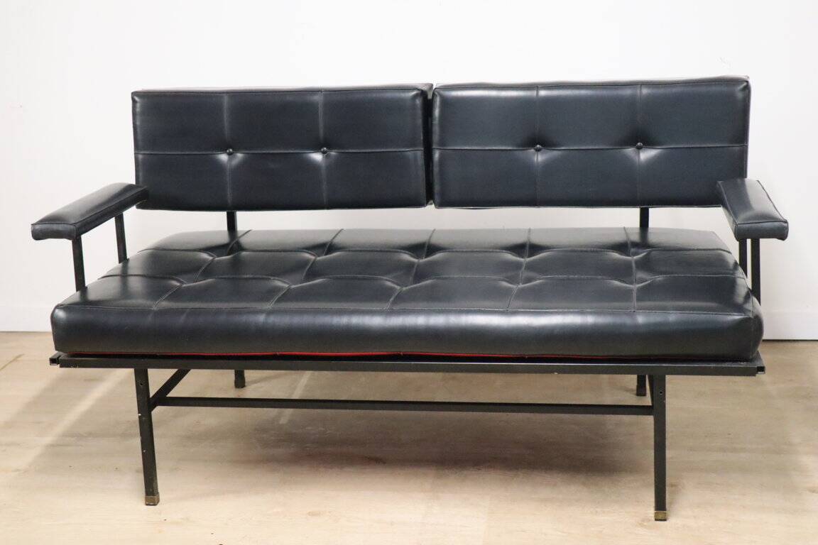Vintage "Daybed" sofa bench in metal and imitation leather, 1950