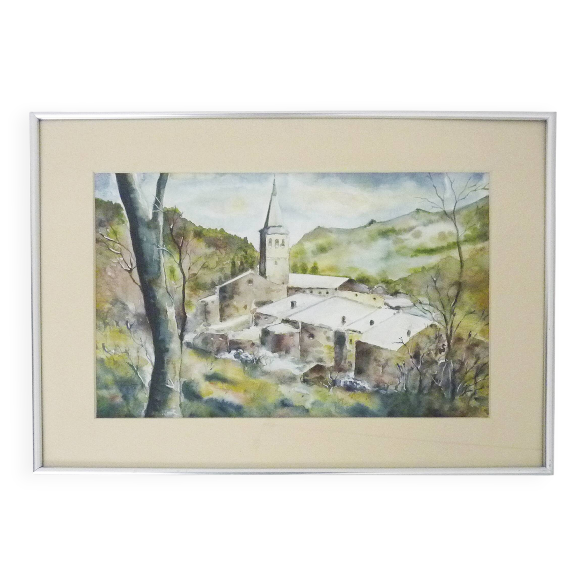 Original watercolor by Carani church in the mountains. Signed