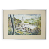 Original watercolor by Carani church in the mountains. Signed