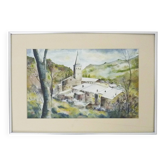 Aquarelle originale de Carani église en montagne. Signée