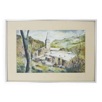 Original watercolor by Carani church in the mountains. Signed