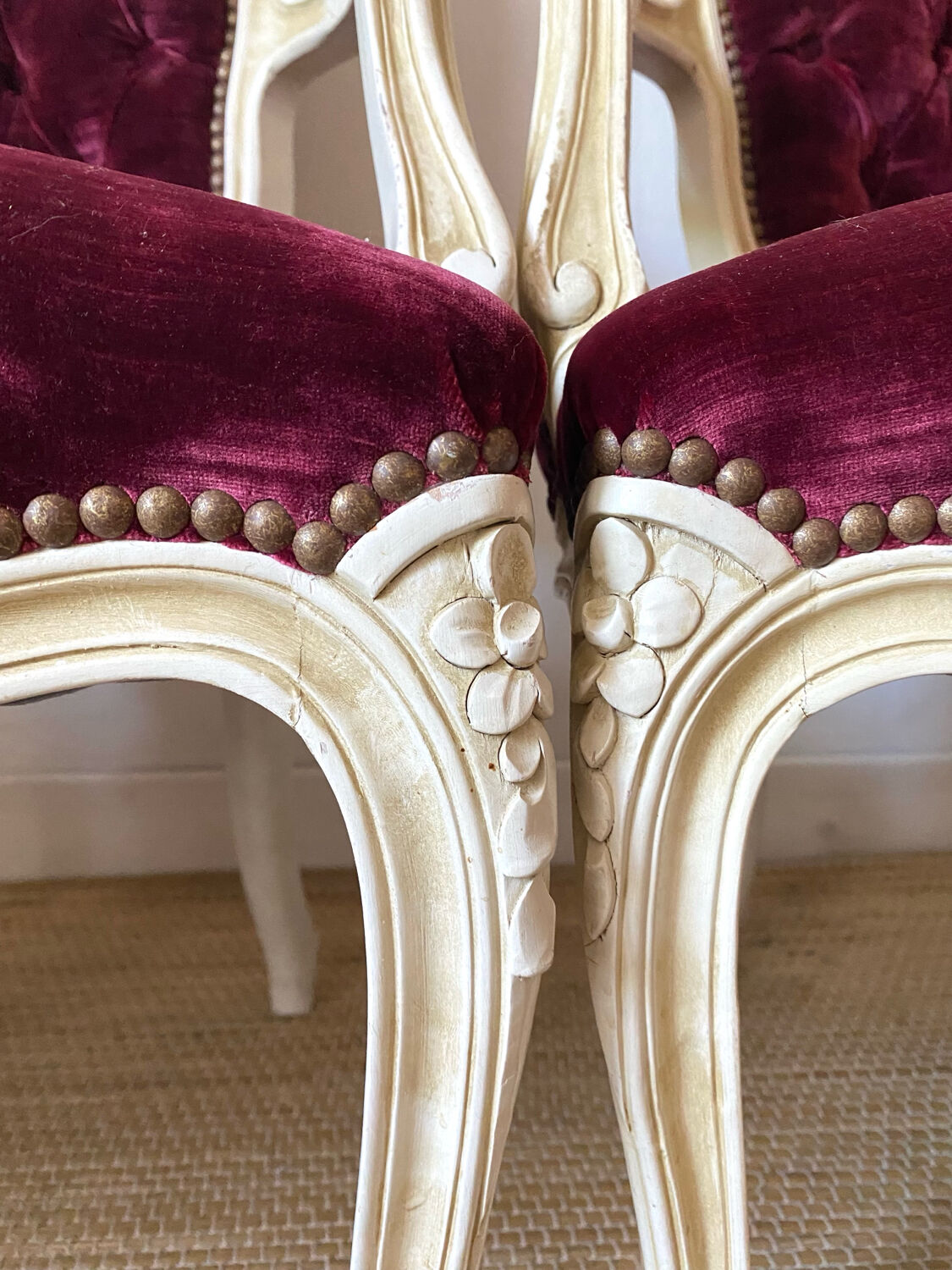 Pair of Louis XV style upholstered velvet armchairs