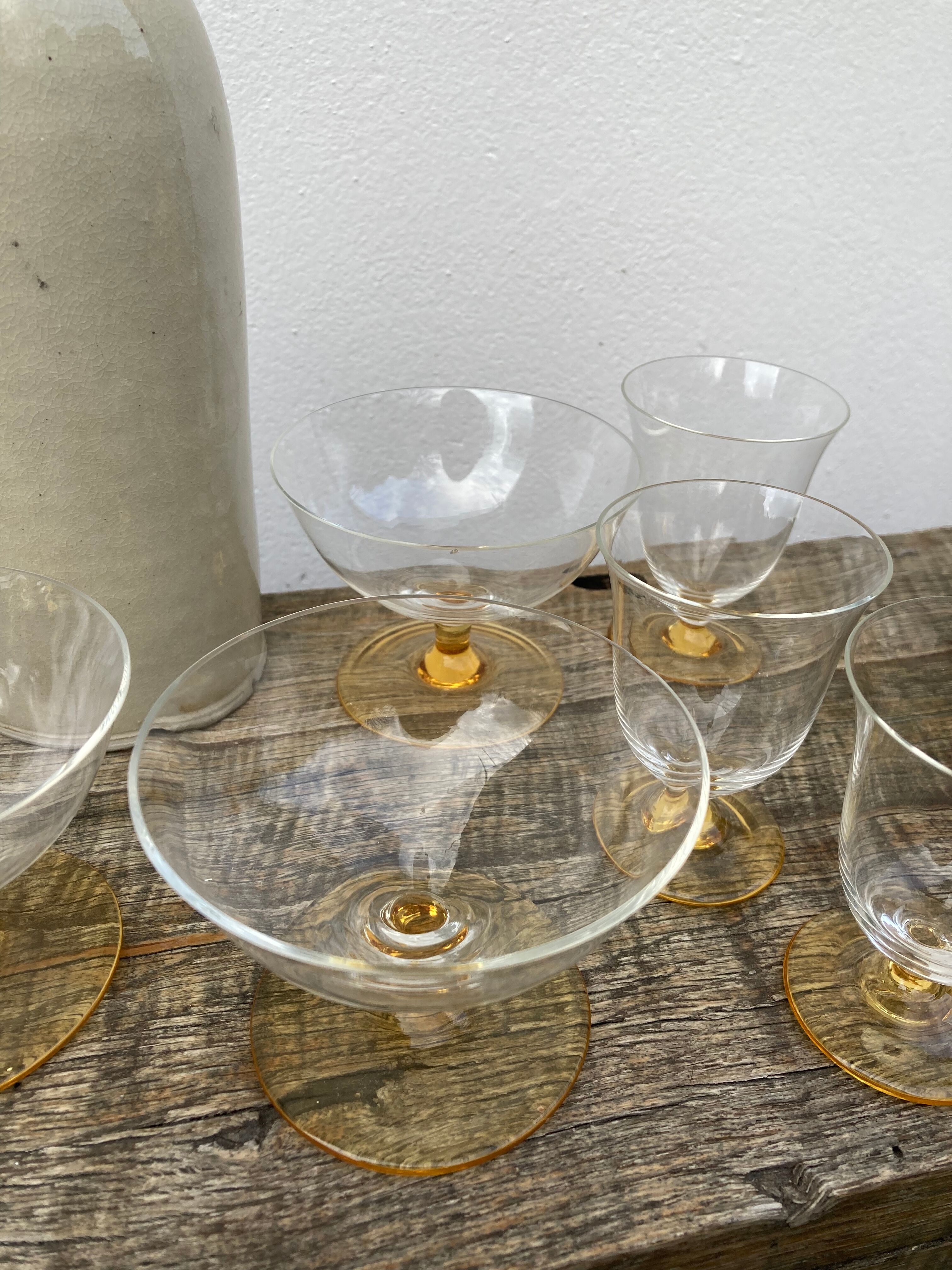 6 antique yellow crystal stemmed glasses and cups
