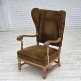 1970s, Scandinavian highback armchair, furniture corduroy, carved oak wood.